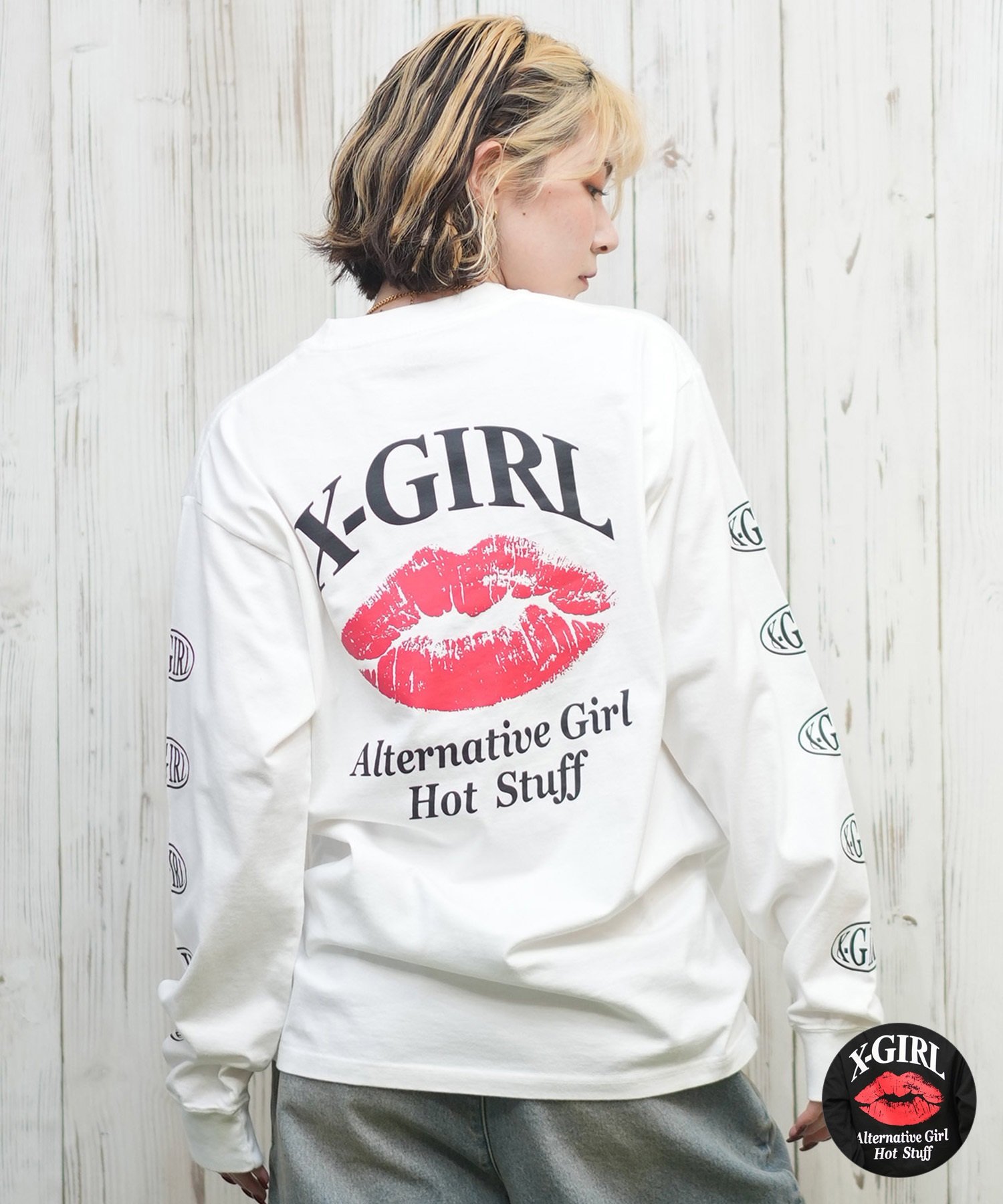 X-girl エックスガール 長袖 Tシャツ レディース ロンT 袖ロゴ バックプリント LIP L S TEE 105251011030(WHITE-M)