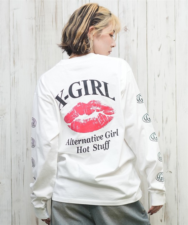 X-girl エックスガール 長袖 Tシャツ レディース ロンT 袖ロゴ バックプリント LIP L S TEE 105251011030(WHITE-M)