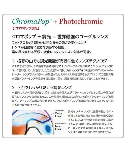 スノーボード ゴーグル 交換用レンズ SMITH スミス I/O MAG 20-21 21-22モデル ChromaPop Photochromic 調光レンズ KK K26(PHOST-F)