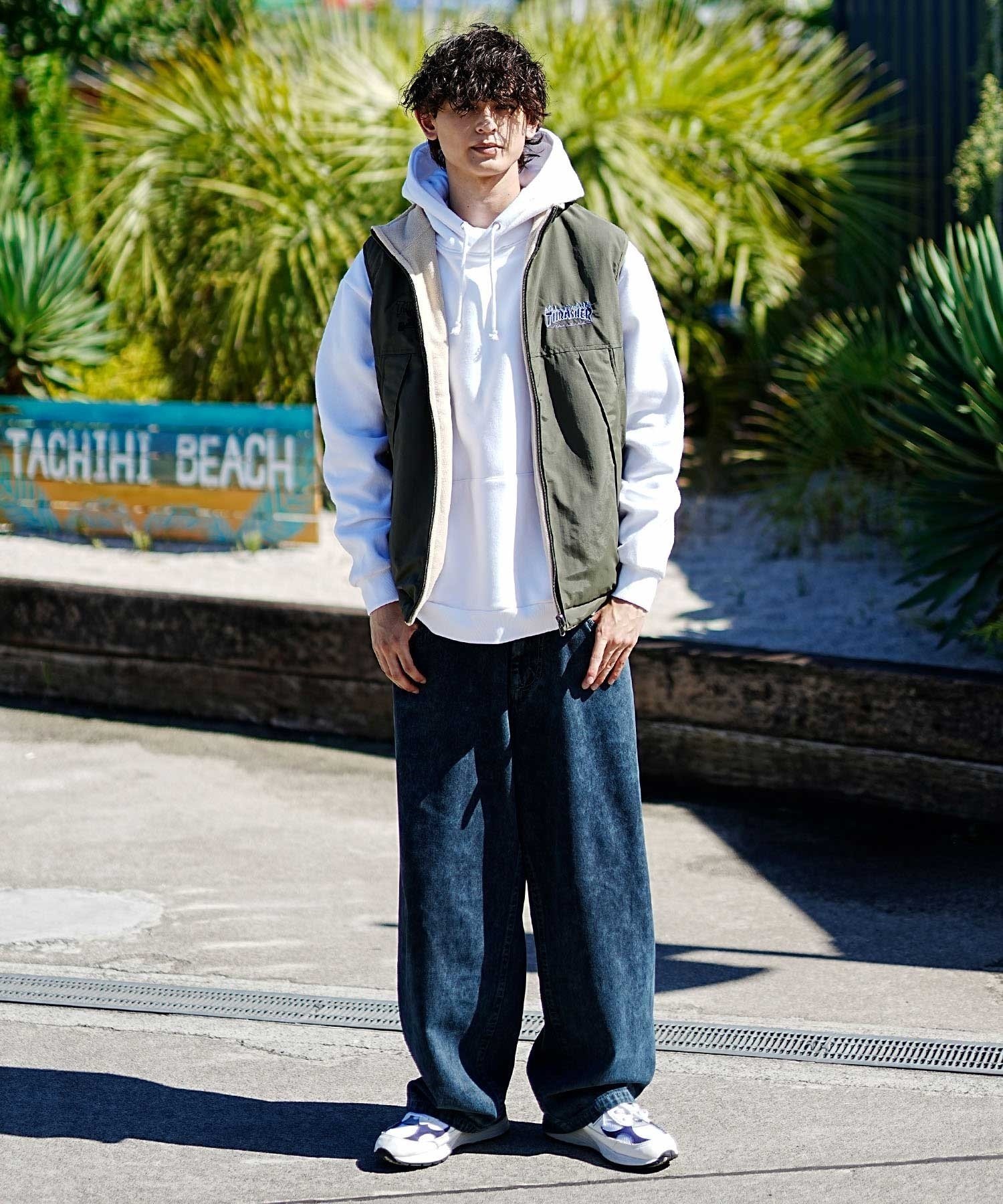 THRASHER/スラッシャー メンズ リバーシブル ベスト ナイロン フリース スタンドカラー 23MS-JKT2 ムラサキスポーツ限定(BLK-M)