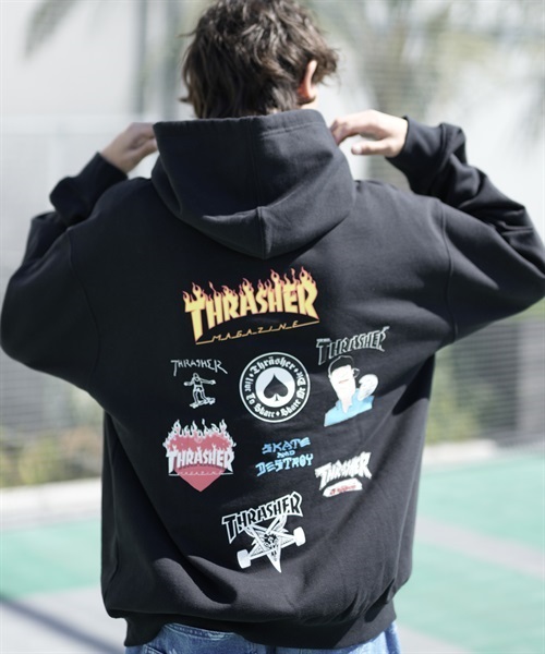 THRASHER/スラッシャー パーカー バックプリント フロントロゴ刺繍 ビックシルエット 23MS-HD1 ムラサキスポーツ別注(BLK-M)