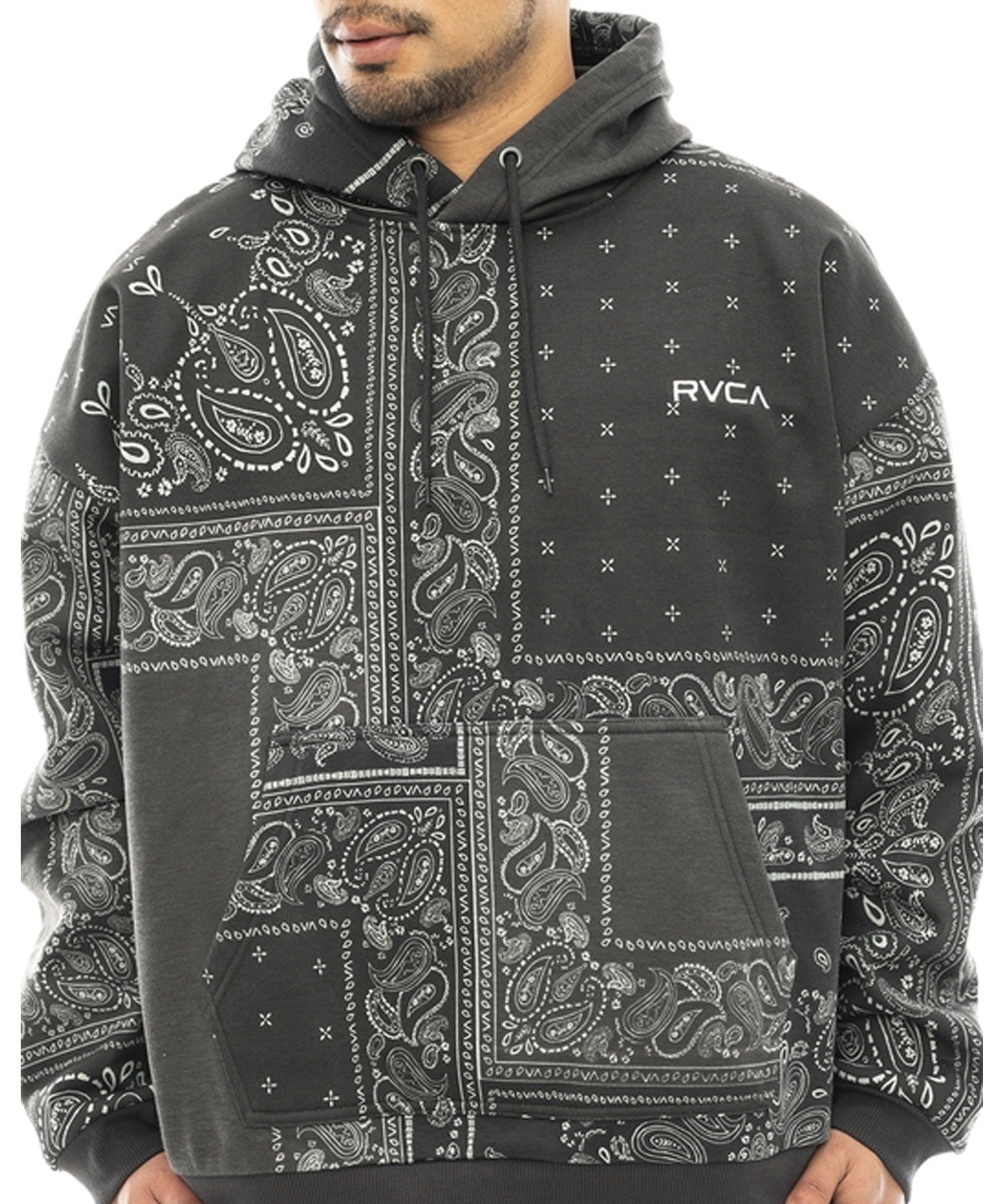 RVCA/ルーカ PATCHWORK BANDANA HOODIE メンズ パーカー プルオーバー スウェット ペイズリー柄 防風 撥水 セットアップ対応 BD042-045(GRY-S)