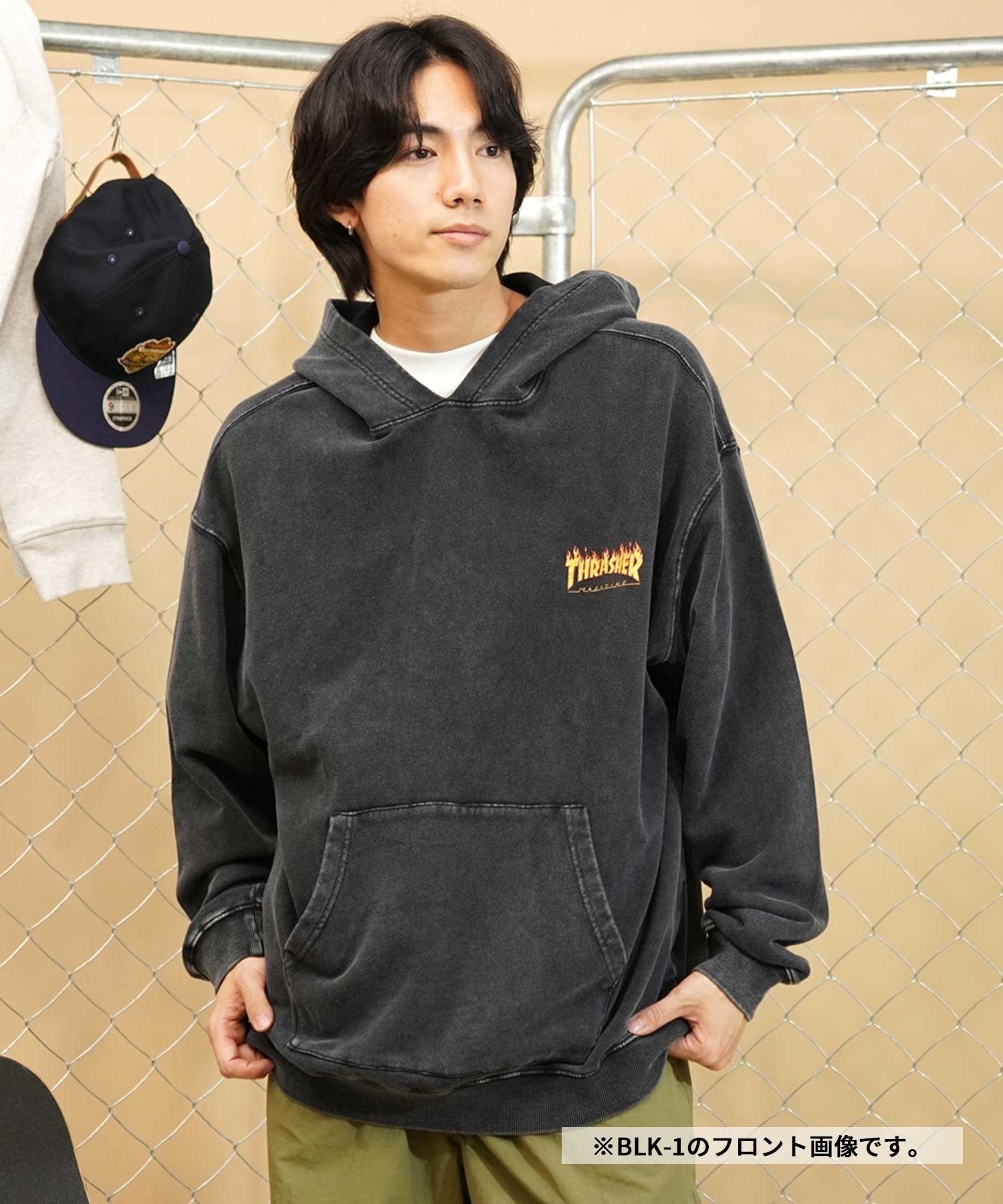 【ムラサキスポーツ別注】THRASHER/スラッシャー パウダーブリーチ加工 プルパーカ カスレプリント  ビッグシルエット 古着風テイスト THM-24ASHD01(BLK-2-M)