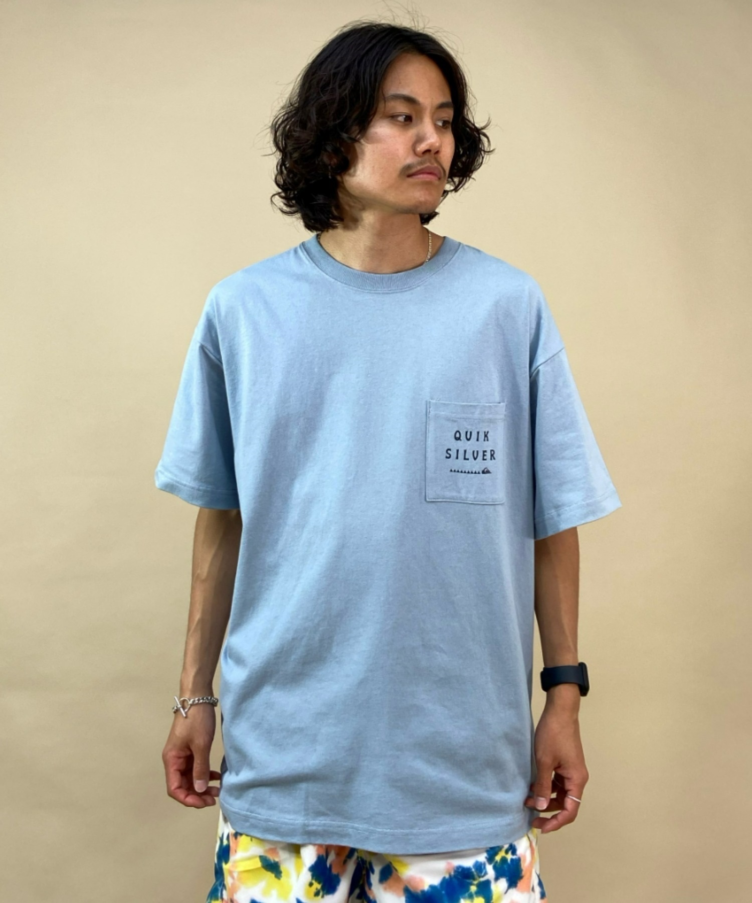 QUIKSILVER クイックシルバー QST222605M メンズ 半袖 Tシャツ オーバーサイズ スクエアロゴ ドロップショルダー ポケット ムラサキスポーツ限定(BLU-M)