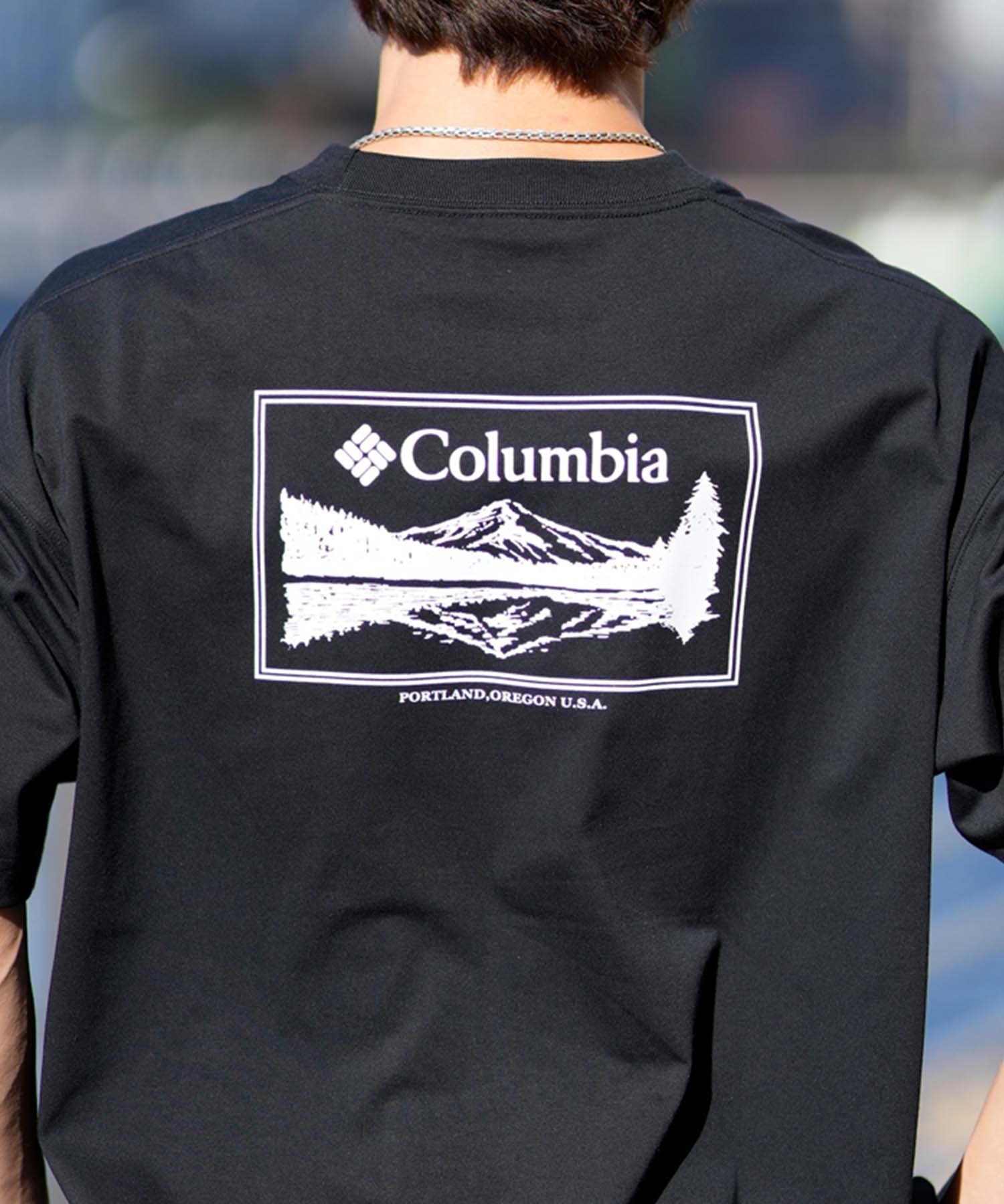 【ムラサキスポーツ限定】columbia コロンビア メンズ オーバーサイズ Tシャツ 半袖 UVケア バックプリント PM0941(010-M)