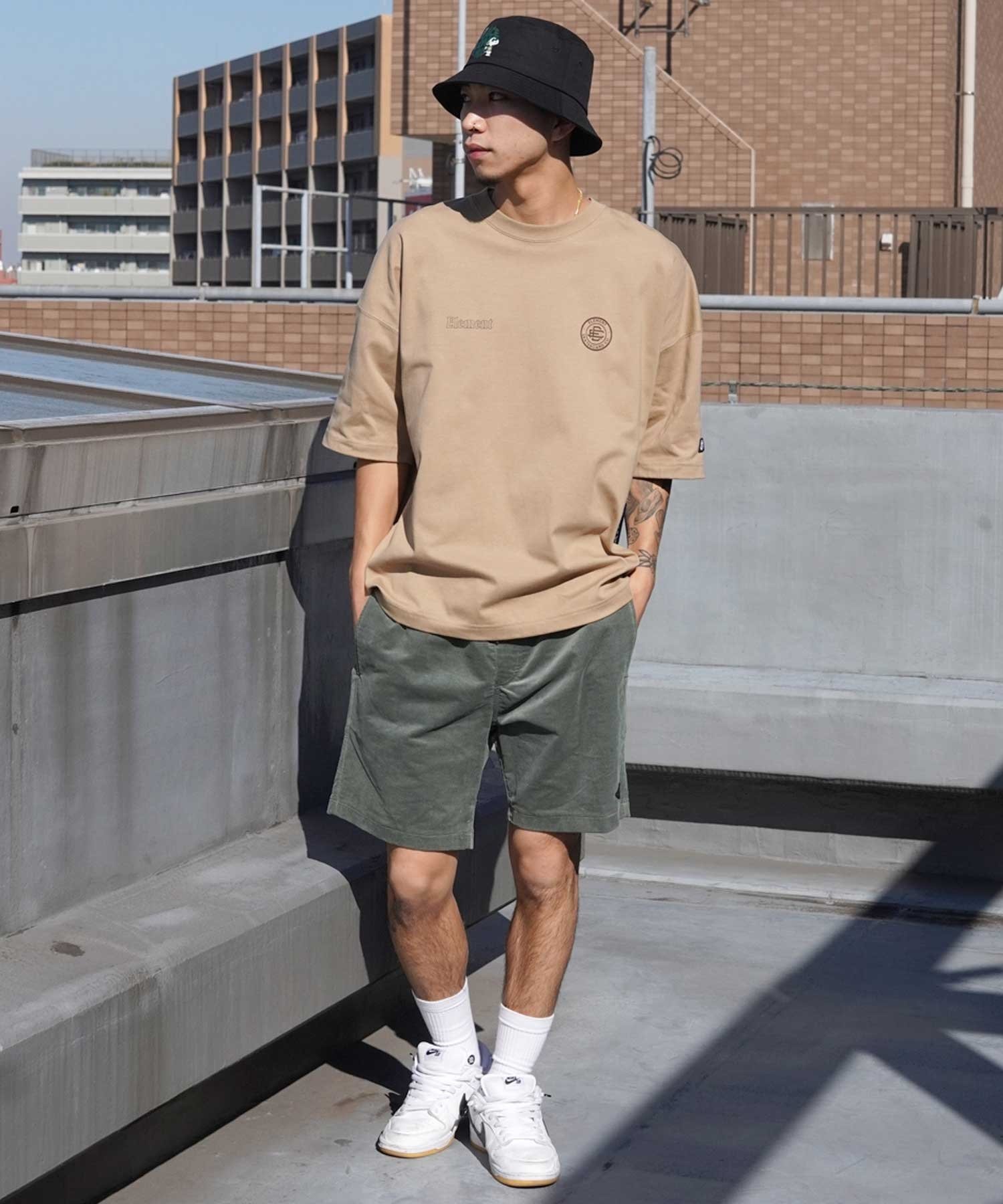 【クーポン対象】ELEMENT エレメント ROUND SS メンズ 半袖 Tシャツ バックプリント ビックシルエット 吸水速乾 BE02A-202(WHT-M)