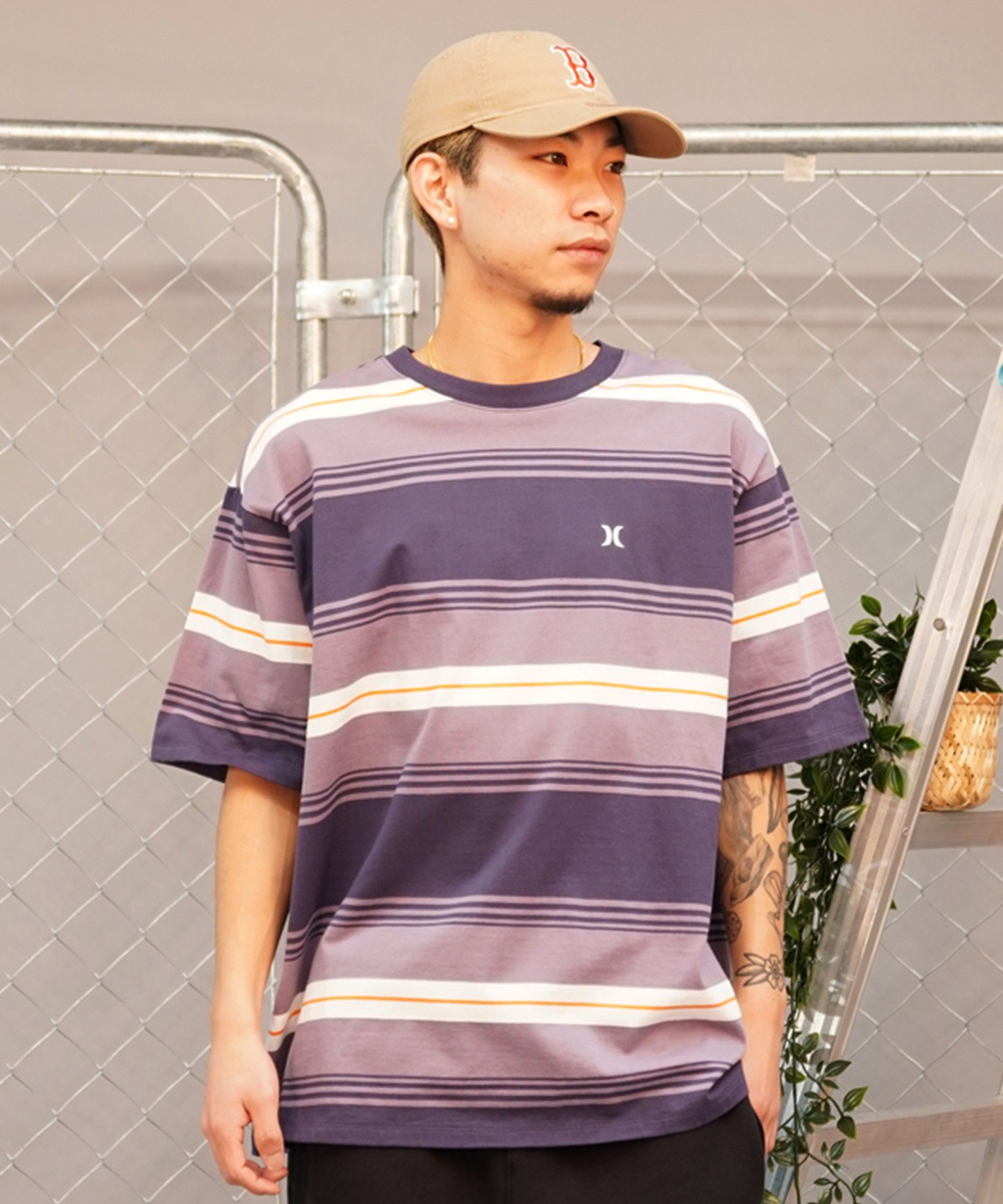 Hurley ハーレー メンズ 半袖 Tシャツ オーバーサイズ ボーダー柄  MSS2411019(GRY-M)