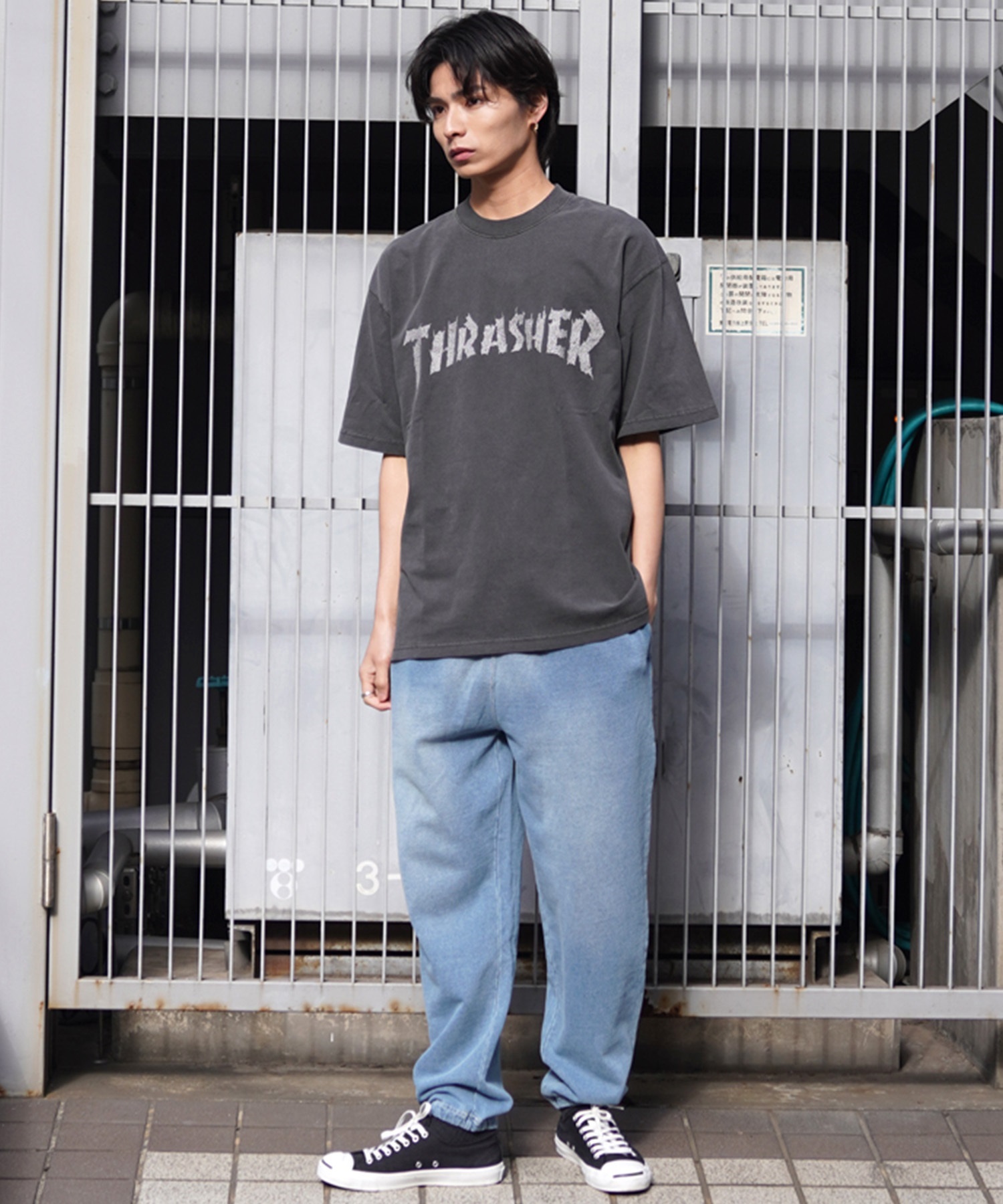 THRASHER スラッシャー メンズ 半袖 Tシャツ ピグメント染 NECKFACE ネックフェイス THM-24SPSST03 ムラサキスポーツ限定(BLK-M)