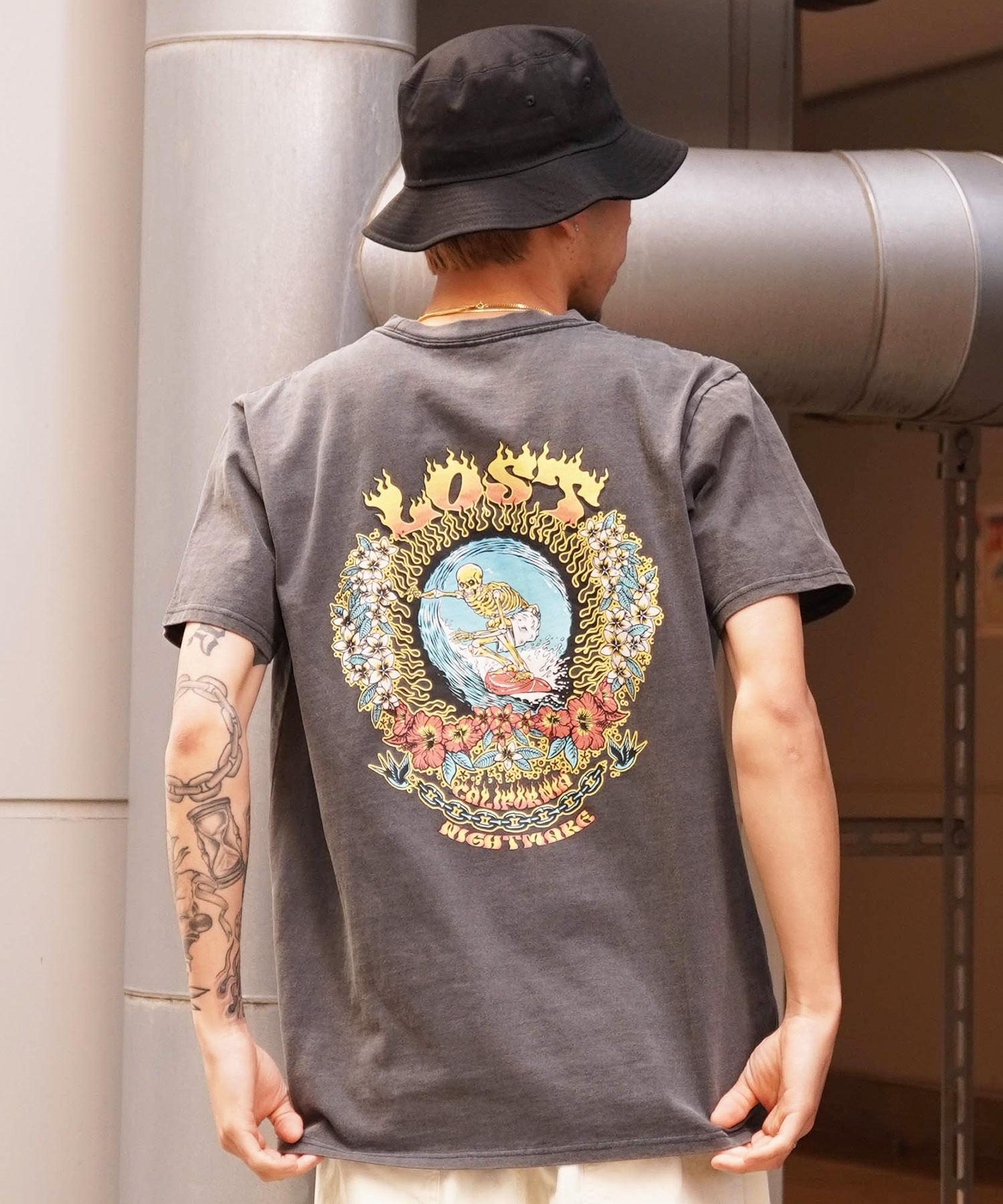 【ムラサキスポーツ限定】 LOST ロスト メンズ Tシャツ 半袖 バックプリント NIGHT MARE L24SS-E(BLK-M)