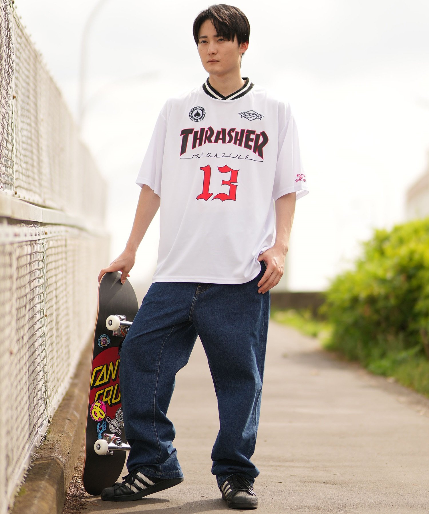 THRASHER スラッシャー メンズ 半袖 Tシャツ ゲームシャツ メッシュ オーバーサイズ ムラサキスポーツ限定(WHT-M)