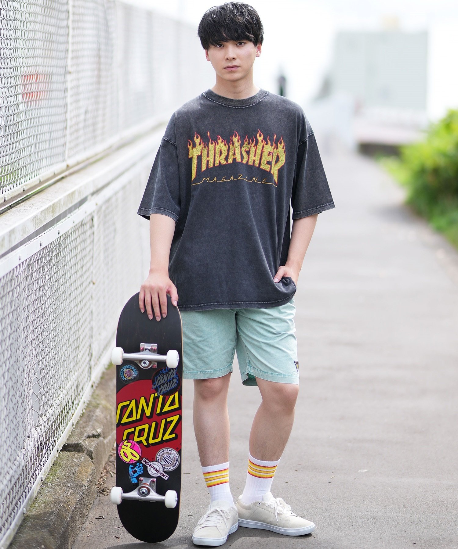 THRASHER スラッシャー メンズ 半袖 Tシャツ ブランドロゴ ピグメント加工 THMM-24SMSST01 ムラサキスポーツ限定(BLK1-M)