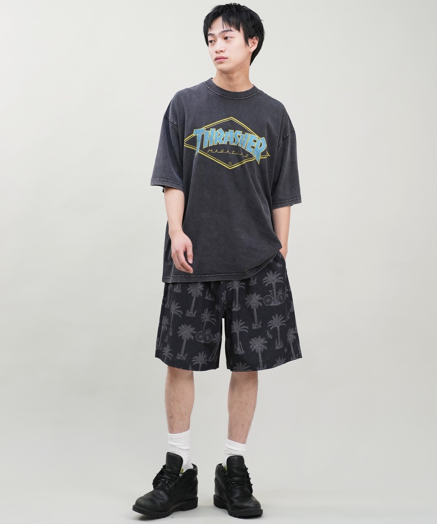 THRASHER スラッシャー メンズ 半袖 Tシャツ ブランドロゴ ピグメント加工 THMM-24SMSST01 ムラサキスポーツ限定(BLK1-M)