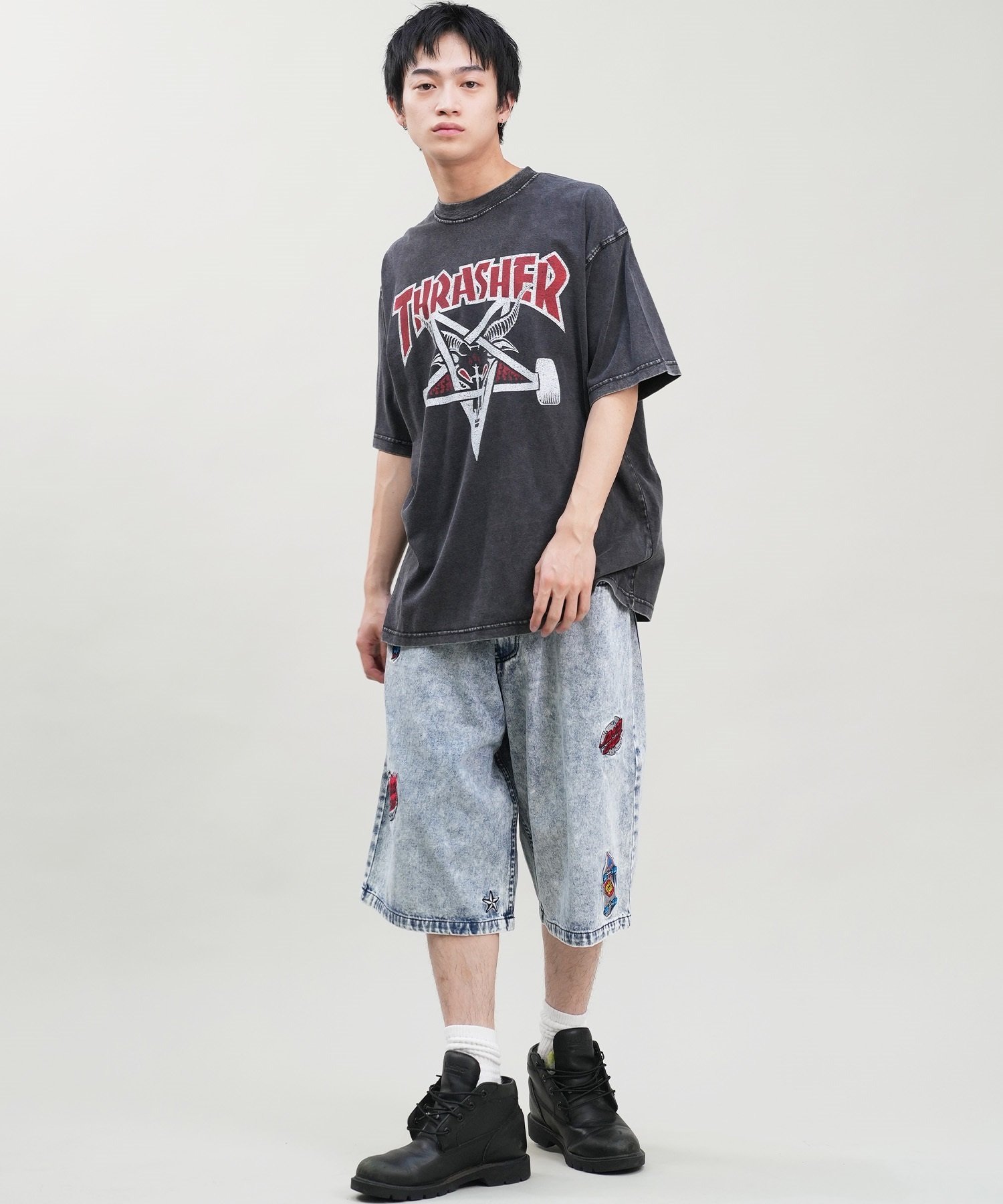 THRASHER スラッシャー メンズ 半袖 Tシャツ ブランドロゴ ピグメント加工 THMM-24SMSST01 ムラサキスポーツ限定(BLK1-M)