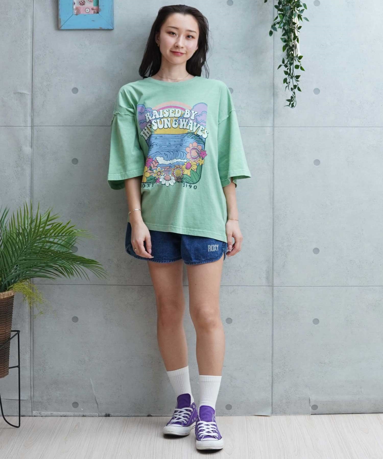 ROXY ロキシー DRINK THE WAVE TEE RST241089 レディース 半袖 Tシャツ クルーネック ルーズシルエット(GRN-M)