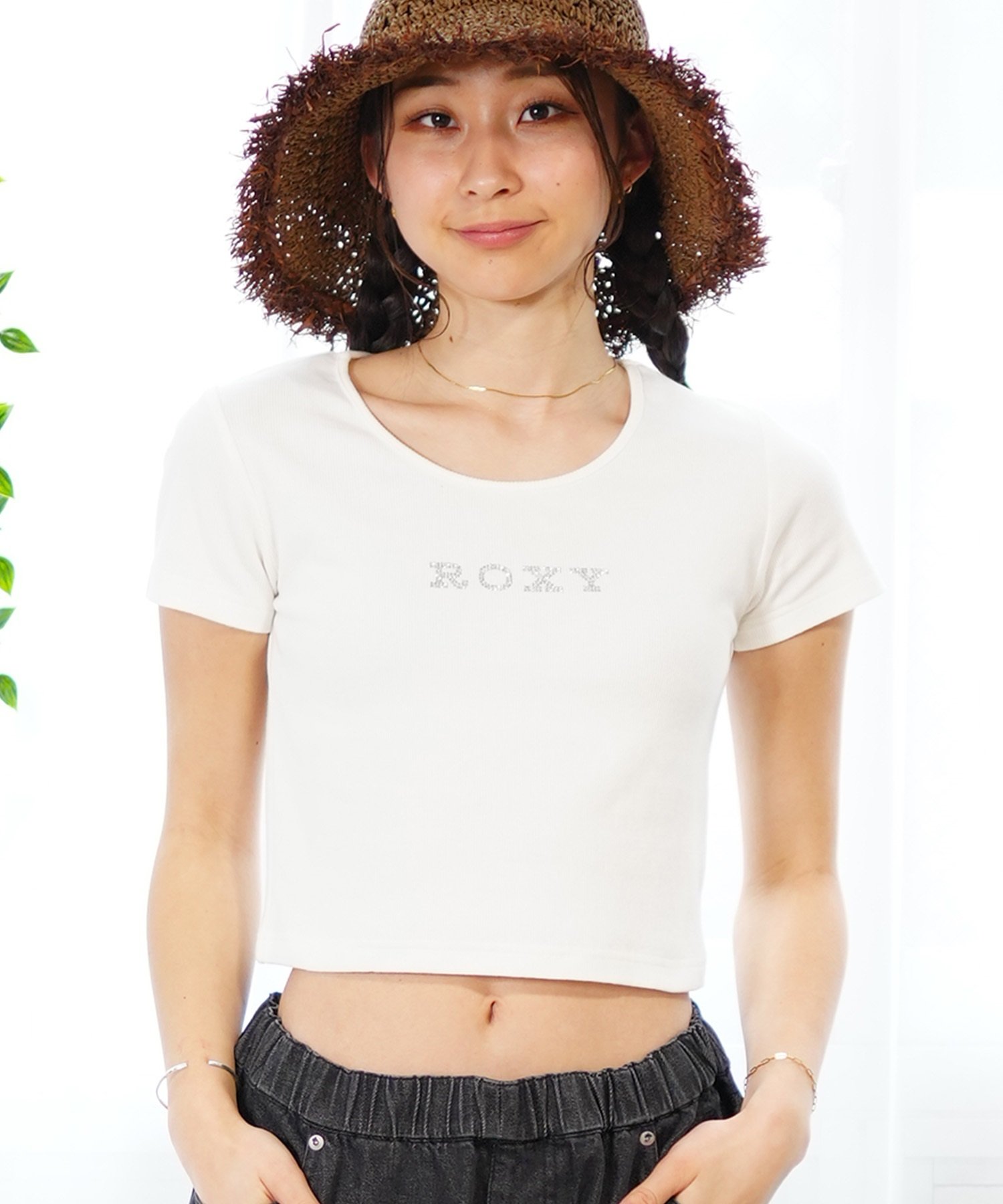 ROXY ロキシー レディース 半袖 Tシャツ クルーネック ショート丈 クロップ ミニ チビ RST242613T(WHT-M)