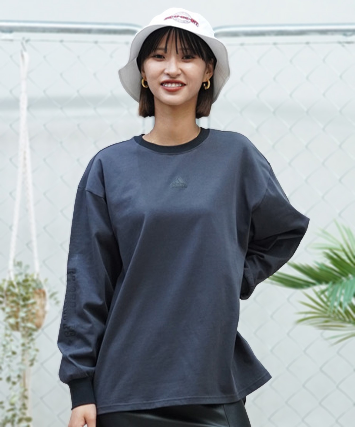 adidas アディダス レディース 長袖 Tシャツ ロンT オーバーサイズ クルーネック ルーズフィット JSY07(LGRN-M)