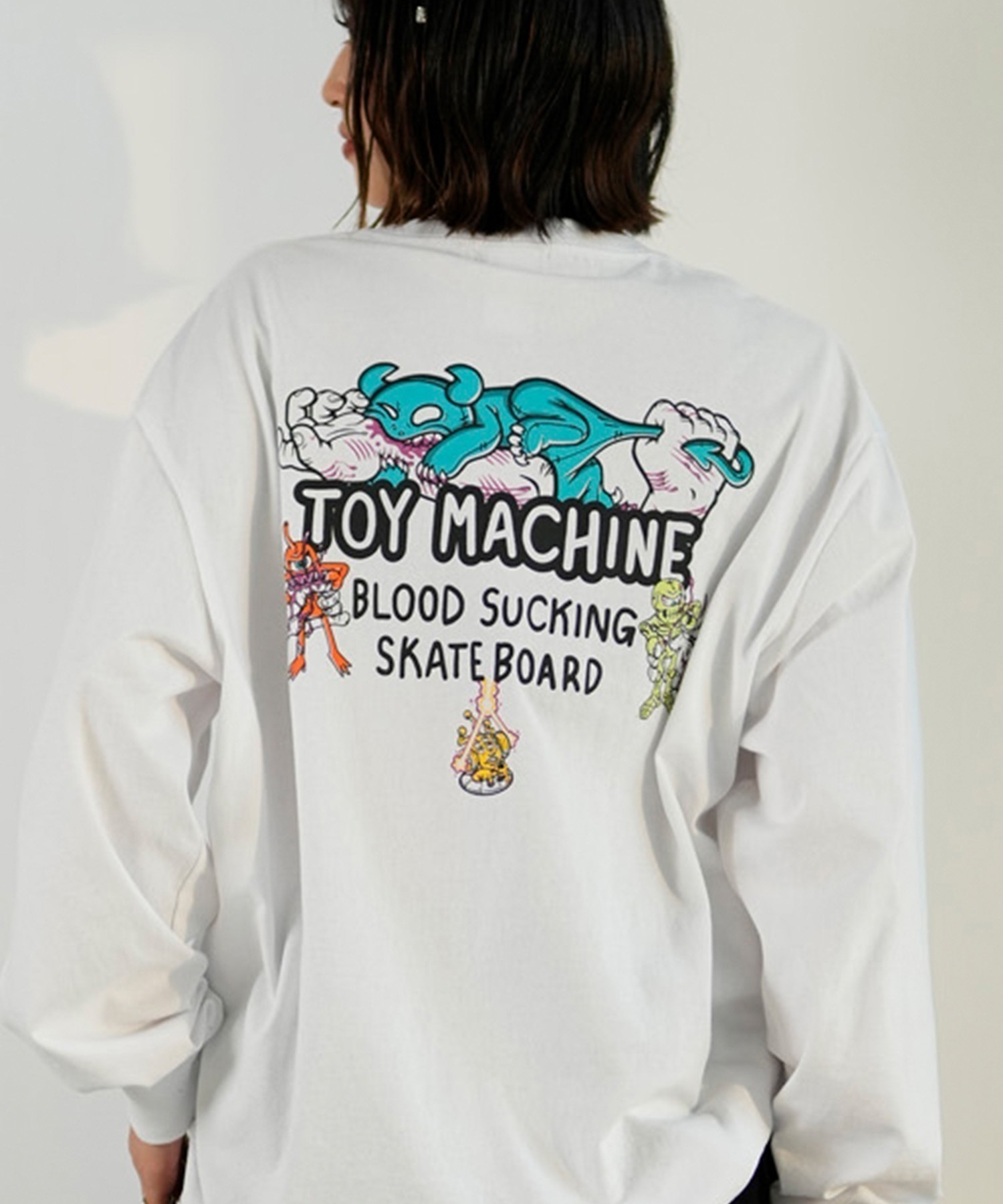 【ムラサキスポーツ限定】 TOY MACHINE トイマシーン レディース 長袖 Tシャツ ロンT バックプリント ビッグシルエット オーバーサイズ MTMPELT10(WHITE-M)