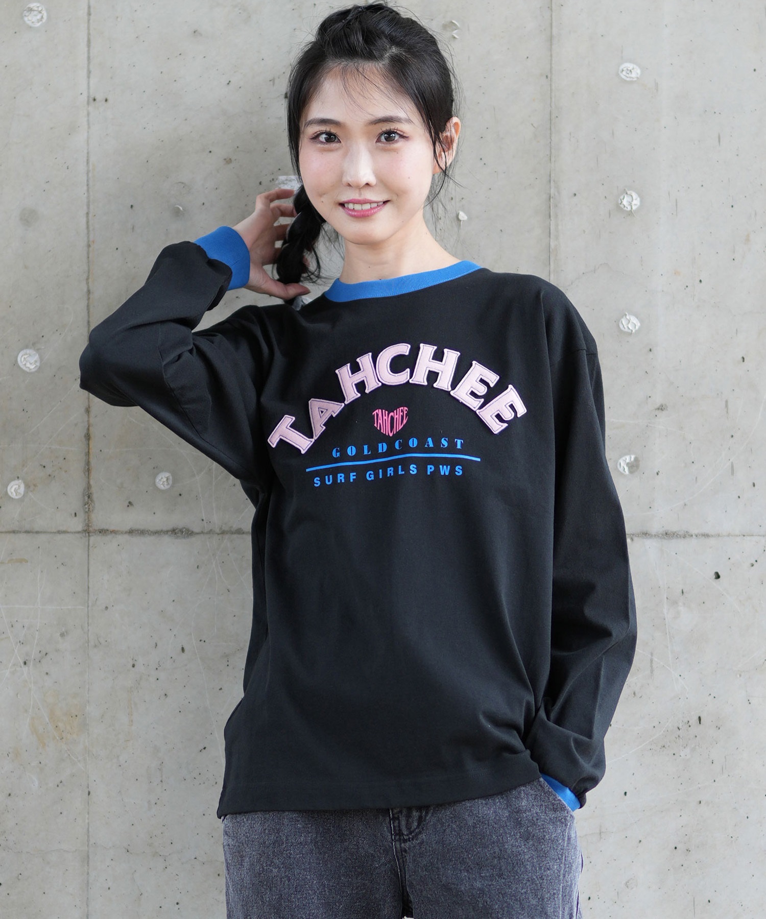 TAHCHEE ターチー 長袖 Tシャツ レディース ロンT リンガーシャツ バックプリント オーバーサイズ TC240701-02 ムラサキスポーツ限定(WT/BK-M)