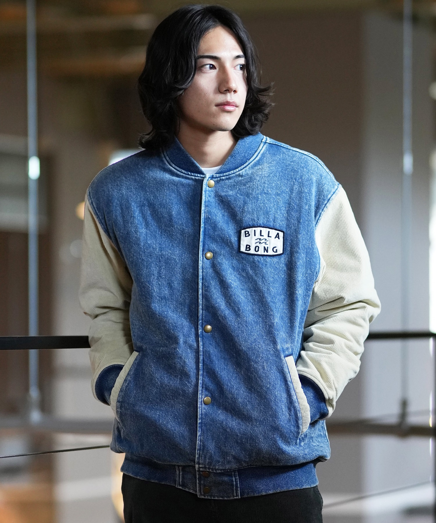 BILLABONG ビラボン アウター スタジャン メンズ デニムジャケット 洗い加工 中綿 バックロゴ BE012-753(BLU-M)