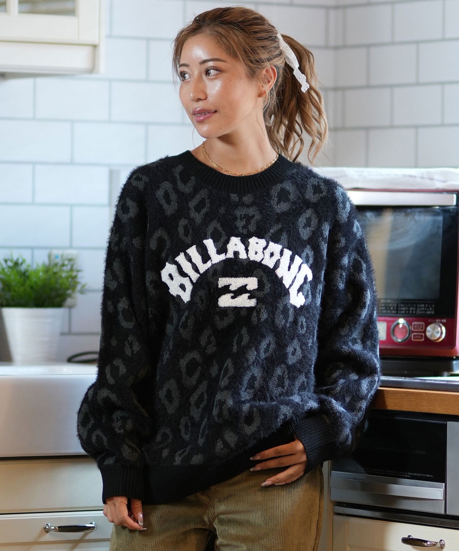 BILLABONG ビラボン ニット レディース セーター シャギーニット クルーネック レオパード柄 BE014-620(BLK-M)