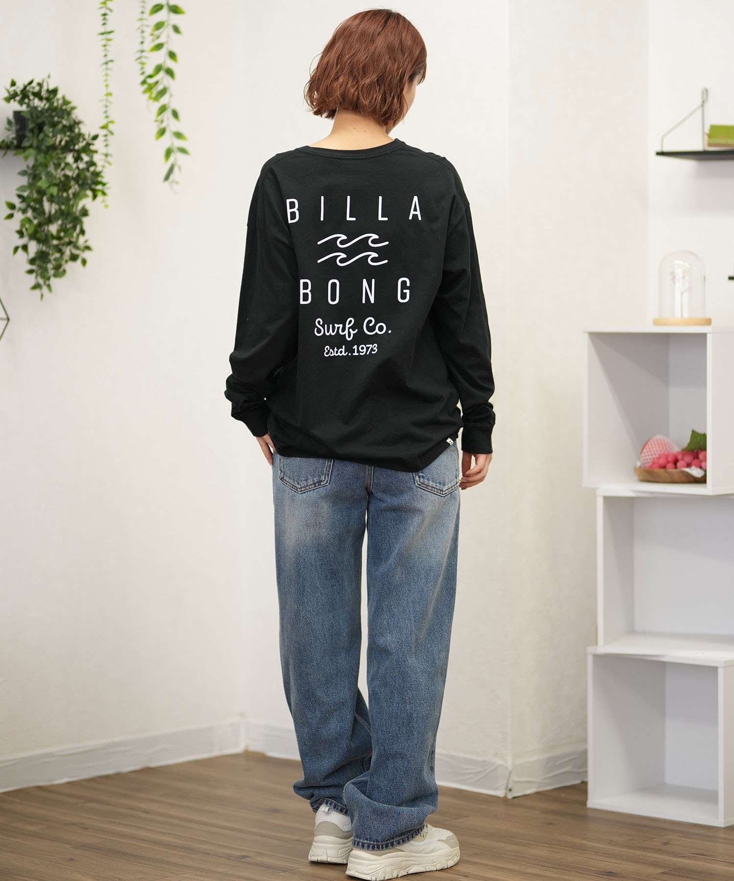 BILLABONG ビラボン 長袖 Tシャツ レディース ロンT 発泡プリント オーバーサイズ BE014-051(BLK-M)