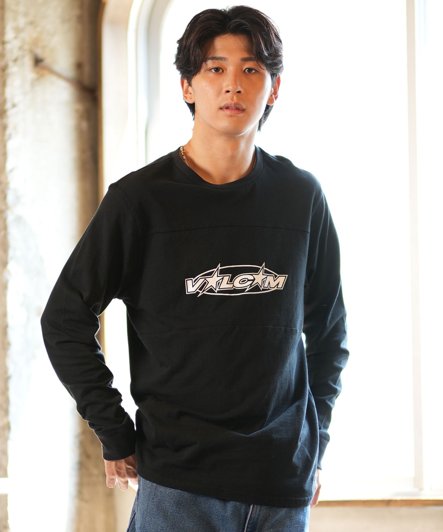 VOLCOM ボルコム 長袖 Tシャツ ロンT ロゴ メッシュ生地 A5332400(BLK-S)