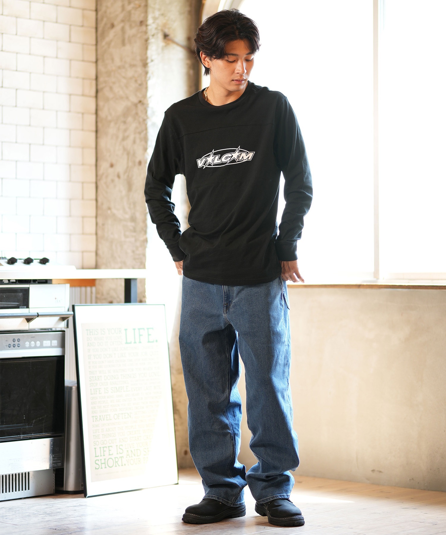 VOLCOM ボルコム 長袖 Tシャツ ロンT ロゴ メッシュ生地 A5332400(BLK-S)