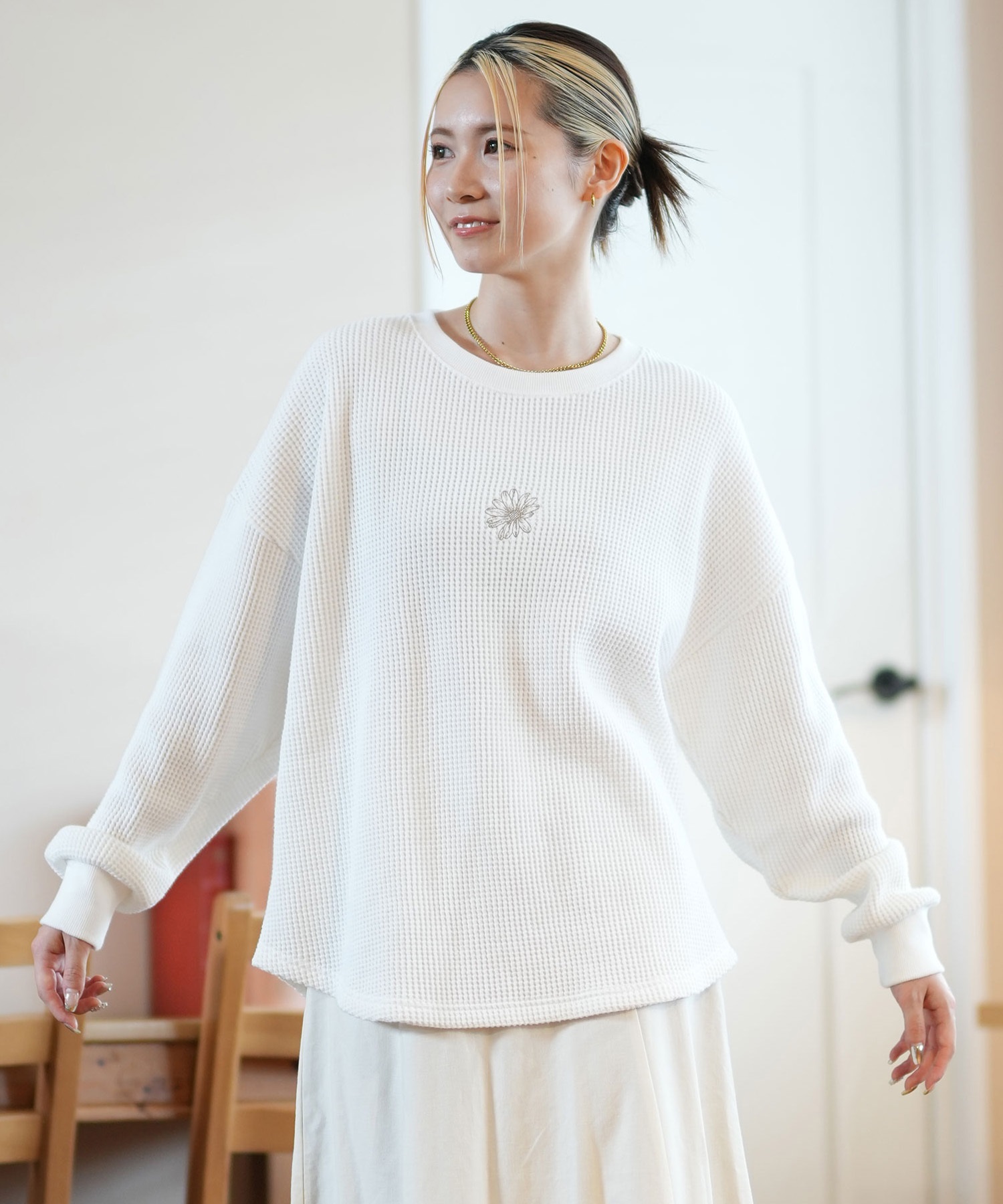 RIKKA FEMME リッカファム 長袖 Tシャツ レディース ロンT クルーネック 花刺繍 サーマル RF24FW29(WHT-FREE)