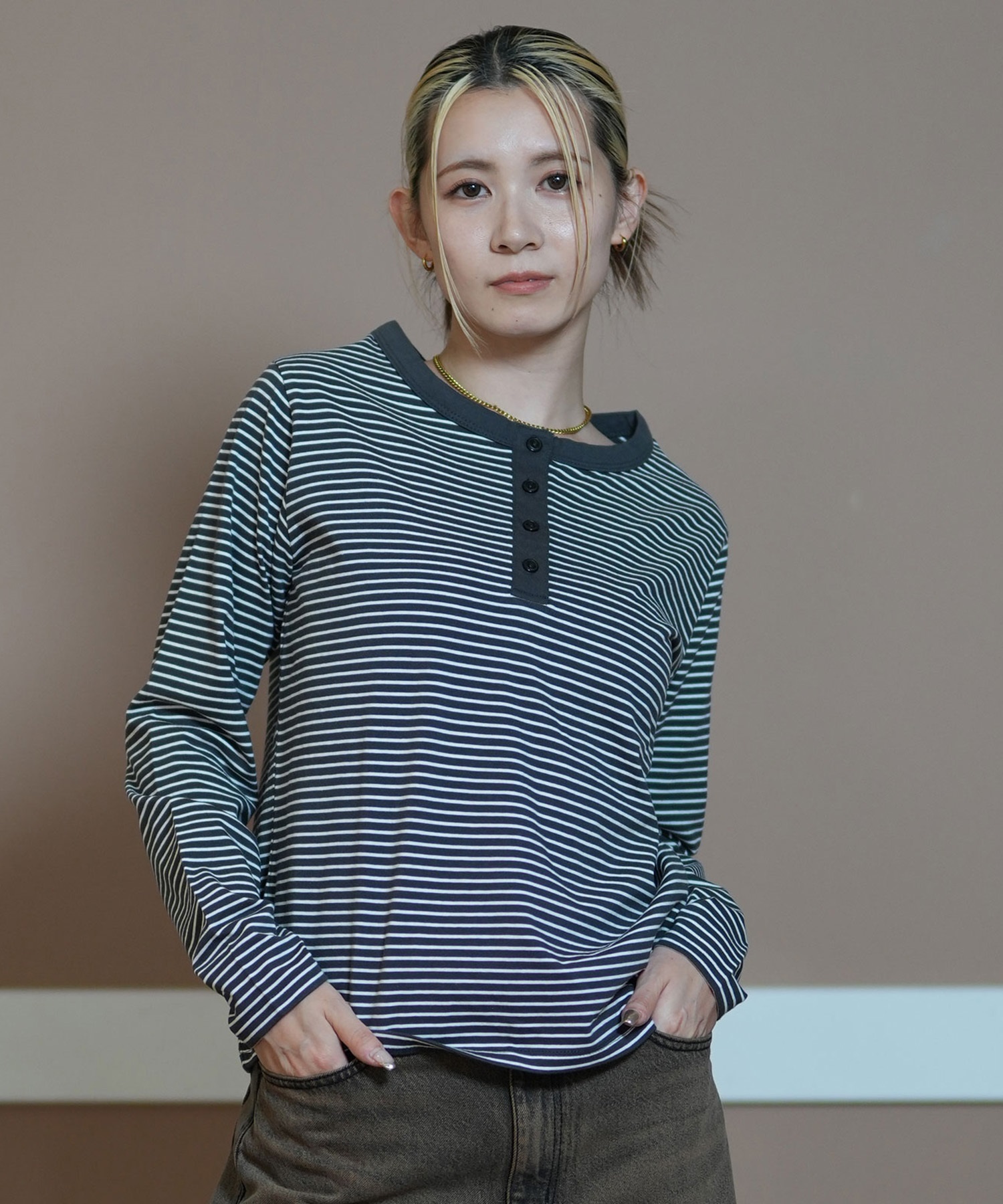 RIKKA FEMME リッカファム 長袖 Tシャツ レディース ロンT ヘンリーネック ボーダー RF24FW27(NV/GY-SM)