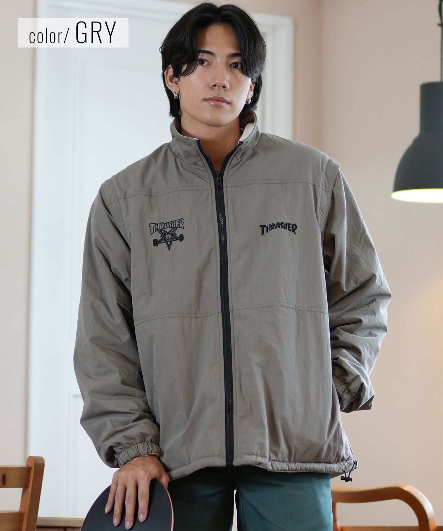 THRASHER スラッシャー アウター メンズ 4WAY ジャケット リバーシブル 袖取り外し可能 ベスト ビッグシルエット 243TH1JK019 ムラサキスポーツ限定(BLK-M)