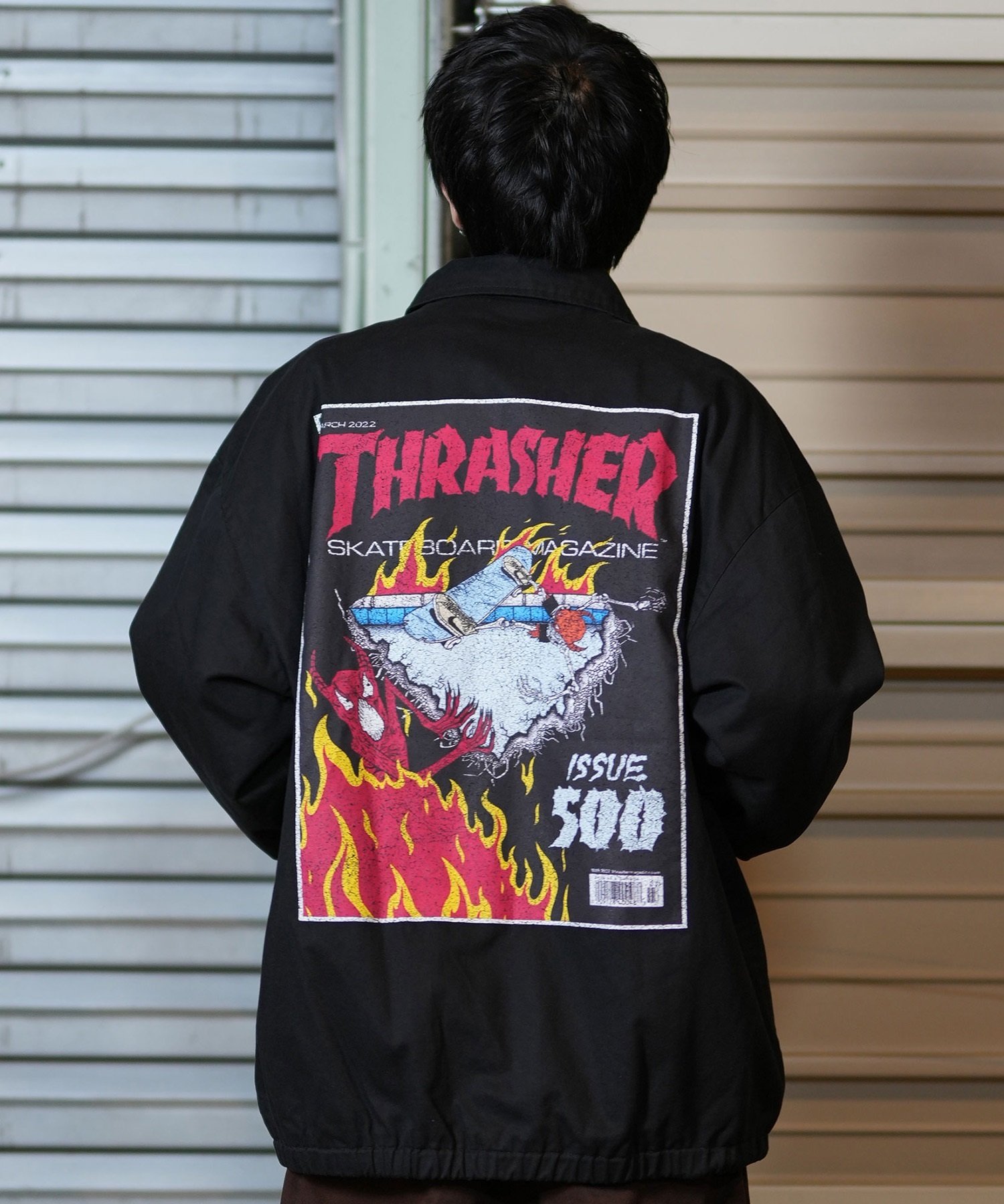 THRASHER スラッシャー アウター コーチジャケット メンズ バックプリント ビッグシルエット MAGAZINE COVER 243TH1JK018 ムラサキスポーツ限定(BK/RE-M)