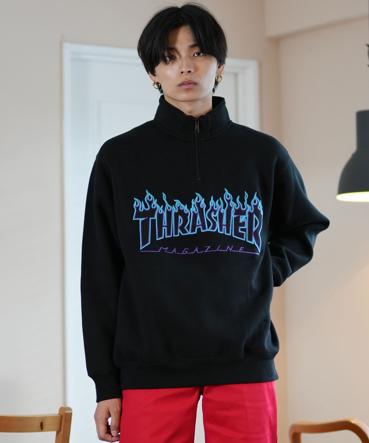 THRASHER スラッシャー ハーフジップ トレーナー メンズ スウェット アップリケロゴ ビッグシルエット 裏起毛 243TH1TR006 ムラサキスポーツ限定(WHT-M)