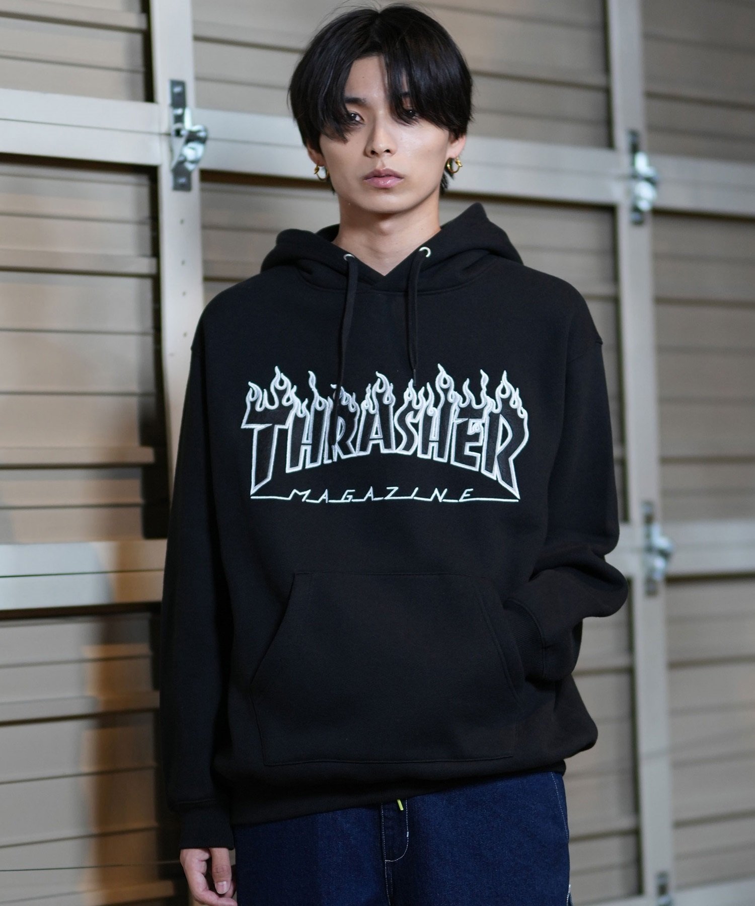 THRASHER スラッシャー パーカー プルオーバー メンズ スウェット フーディー アップリケロゴ刺繍 ビッグシルエット 裏起毛 243TH1PK010 ムラサキスポーツ限定(WHT-M)