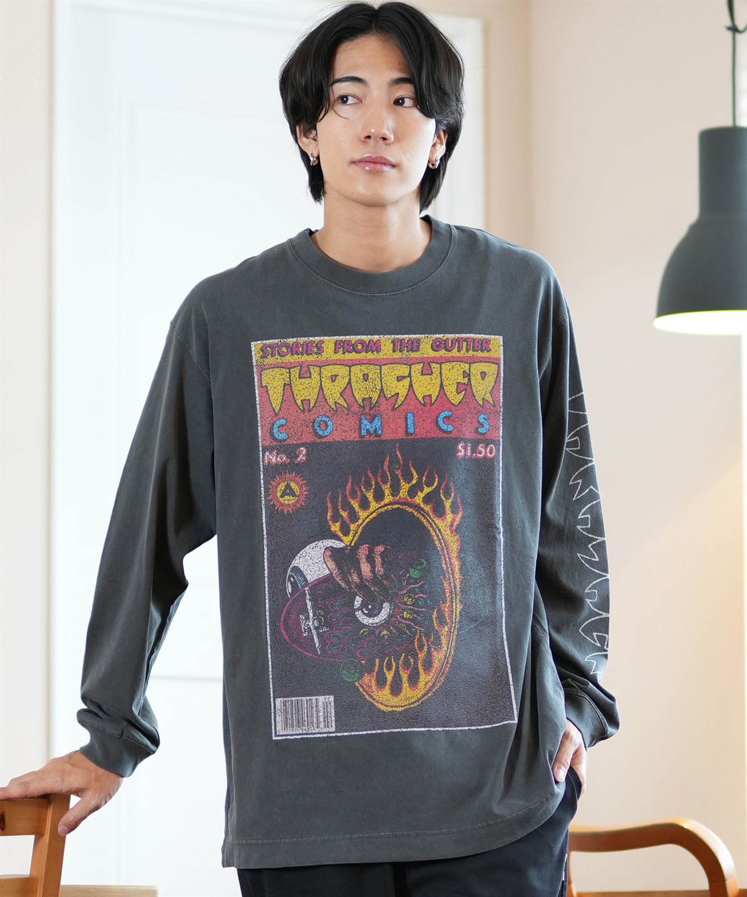 THRASHER スラッシャー 長袖 Tシャツ メンズ ロンT ピグメント加工 ビッグシルエット 243TH1LT015 ムラサキスポーツ限定(WHT-M)