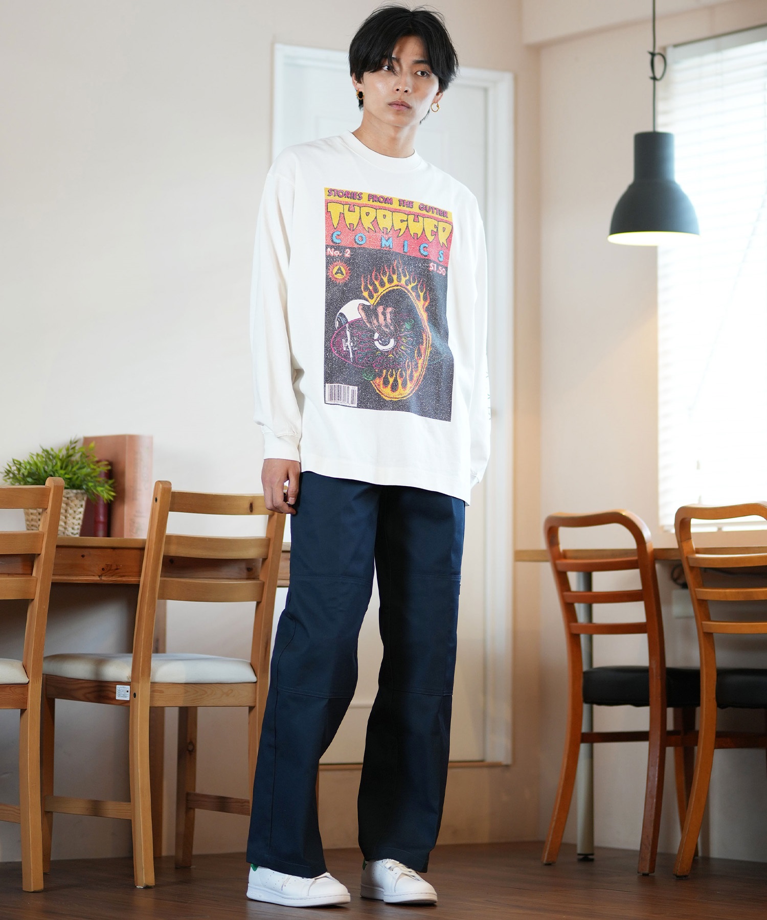 THRASHER スラッシャー 長袖 Tシャツ メンズ ロンT ピグメント加工 ビッグシルエット 243TH1LT015 ムラサキスポーツ限定(WHT-M)