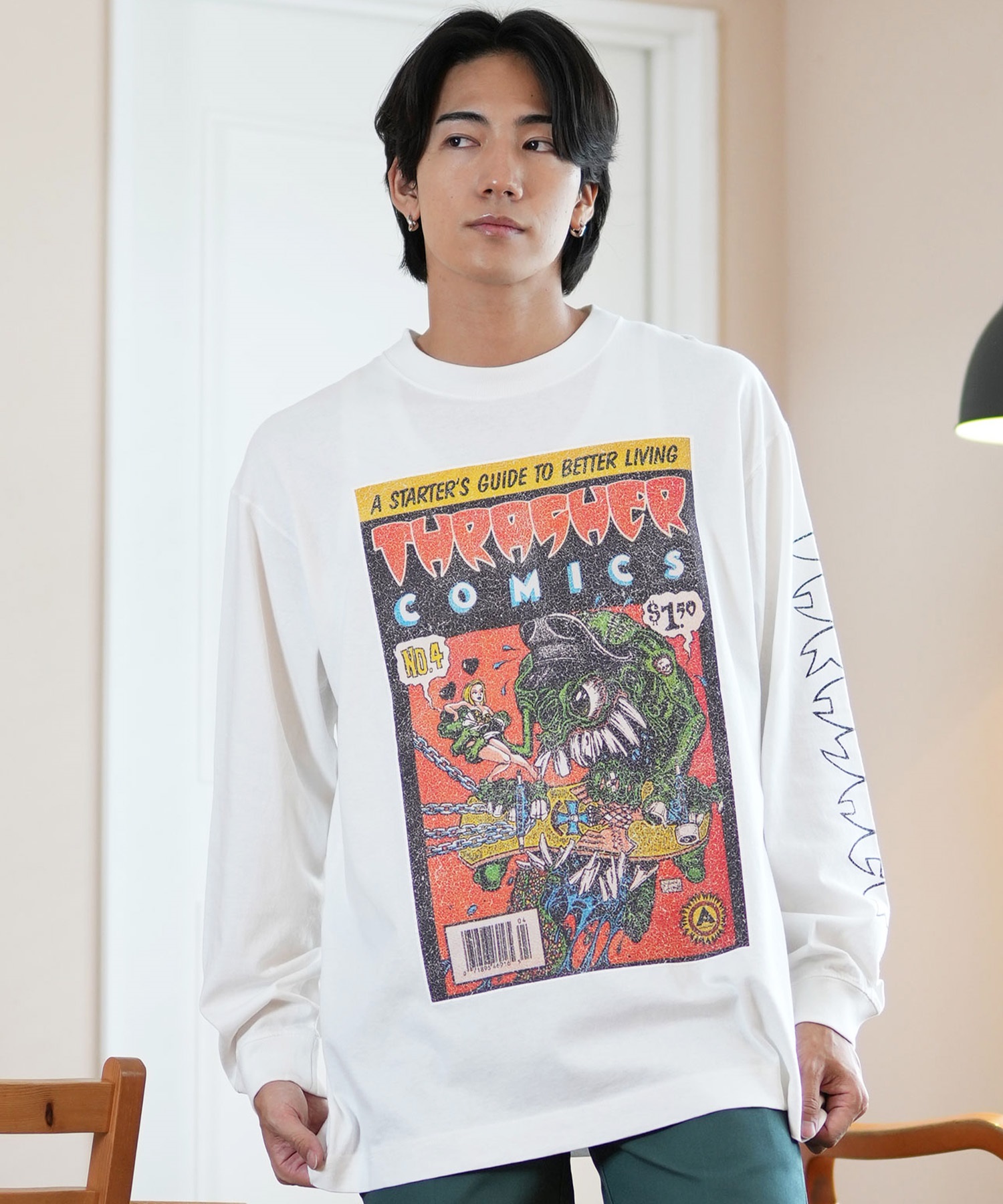 THRASHER スラッシャー 長袖 Tシャツ メンズ ロンT ピグメント加工 ビッグシルエット 243TH1LT014 ムラサキスポーツ限定(WHT-M)