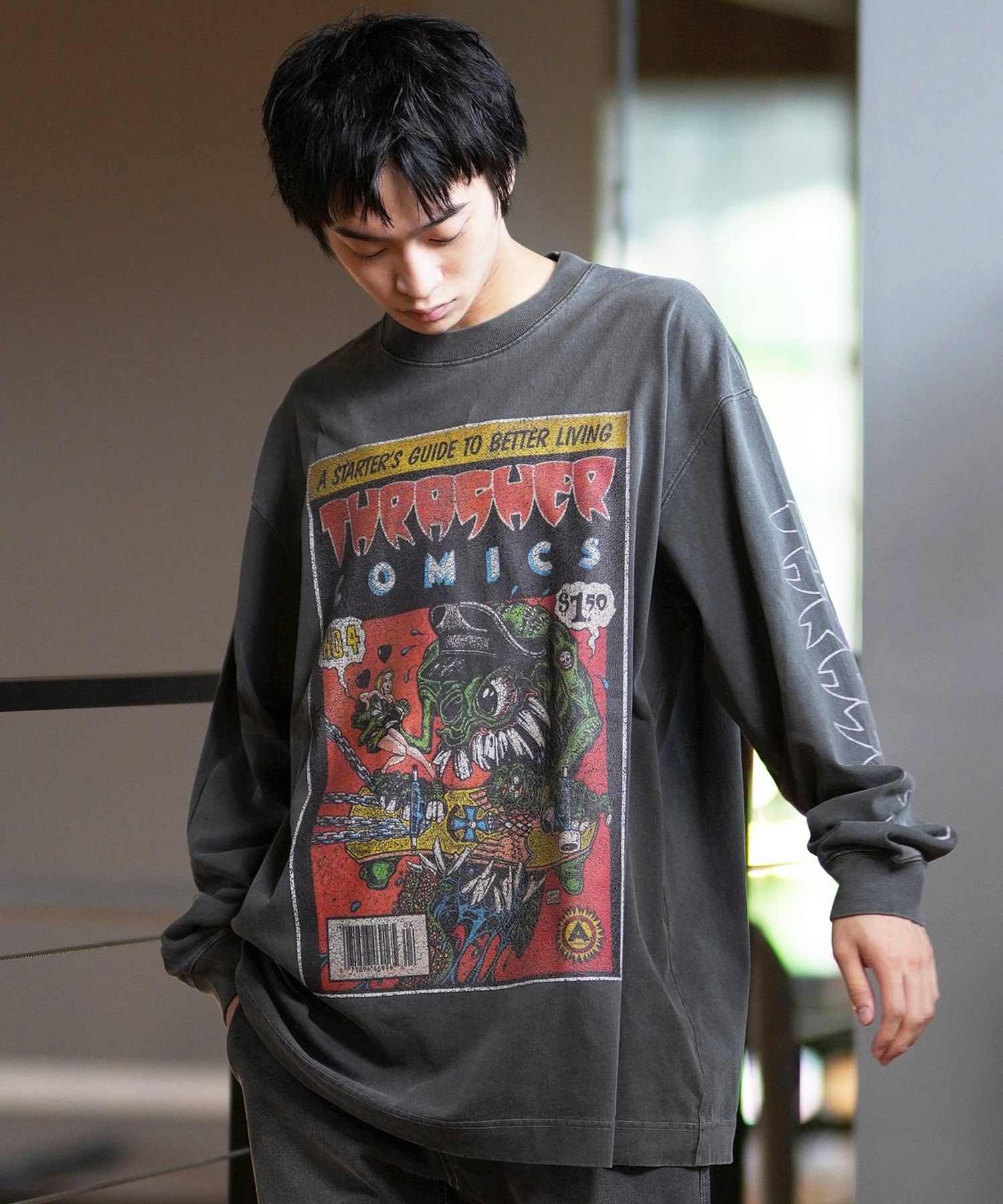 THRASHER スラッシャー 長袖 Tシャツ メンズ ロンT ピグメント加工 ビッグシルエット 243TH1LT014 ムラサキスポーツ限定(WHT-M)