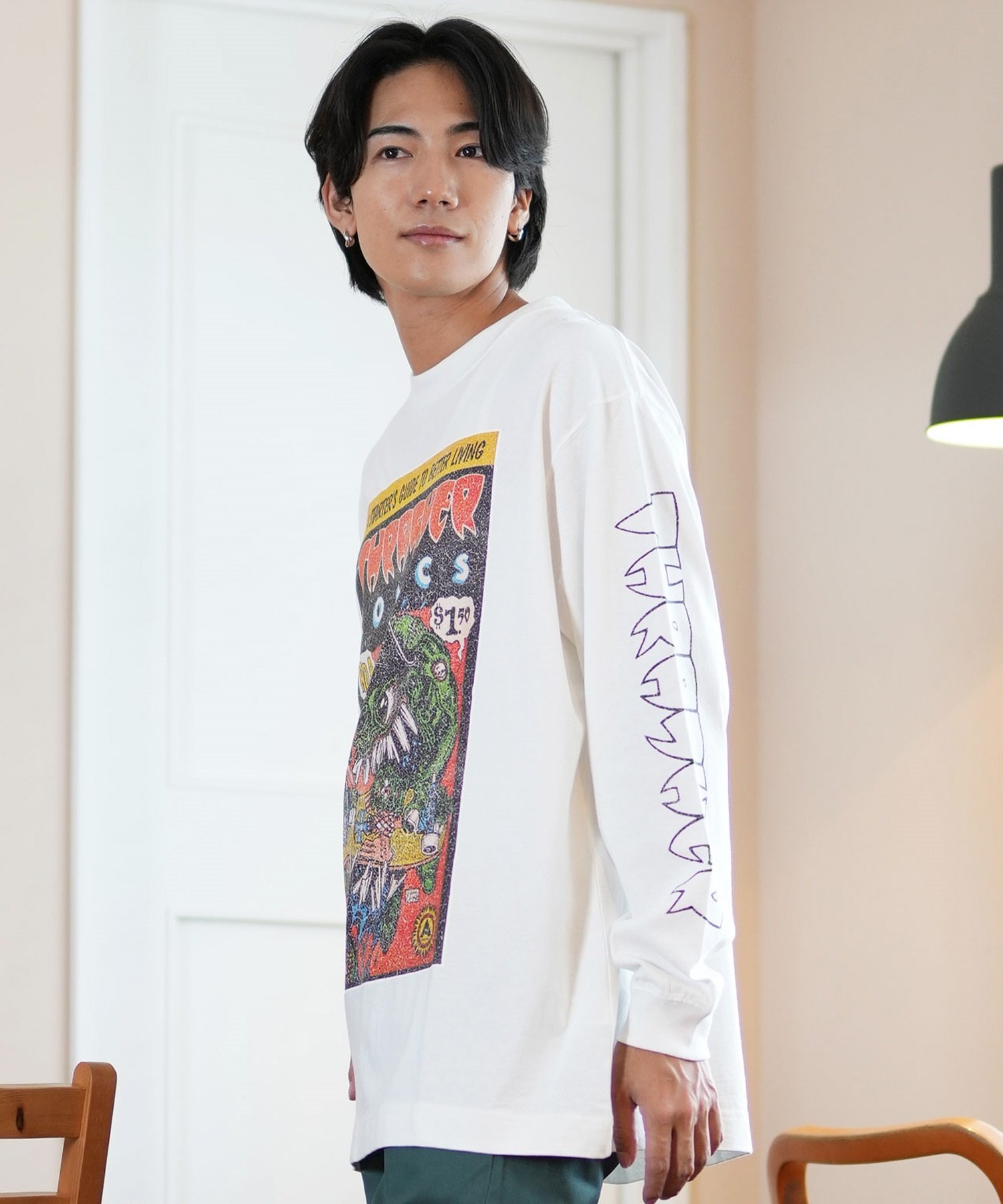 THRASHER スラッシャー 長袖 Tシャツ メンズ ロンT ピグメント加工 ビッグシルエット 243TH1LT014 ムラサキスポーツ限定(WHT-M)