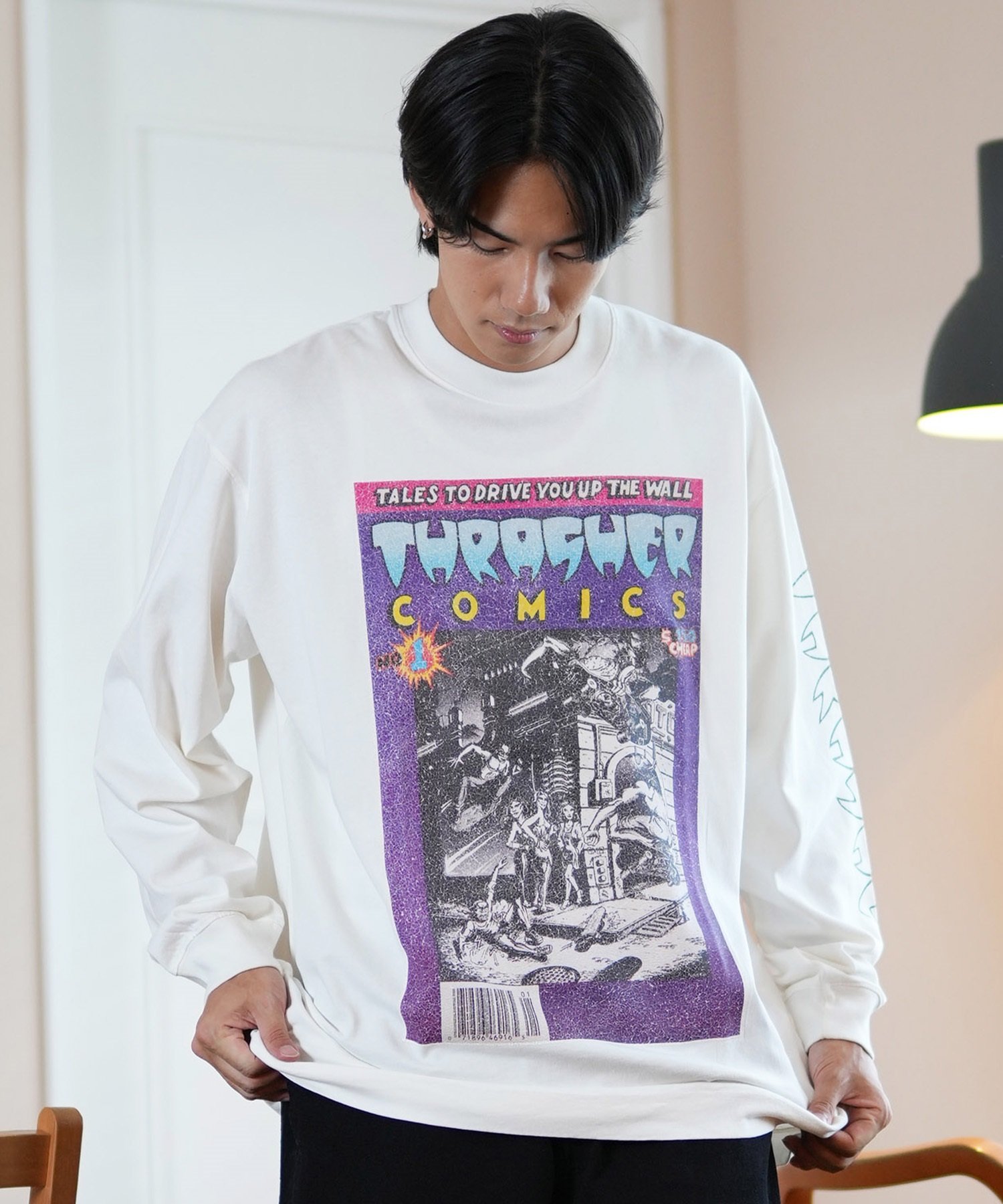 THRASHER スラッシャー 長袖 Tシャツ メンズ ロンT ピグメント加工 ビッグシルエット 243TH1LT013 ムラサキスポーツ限定(WHT-M)