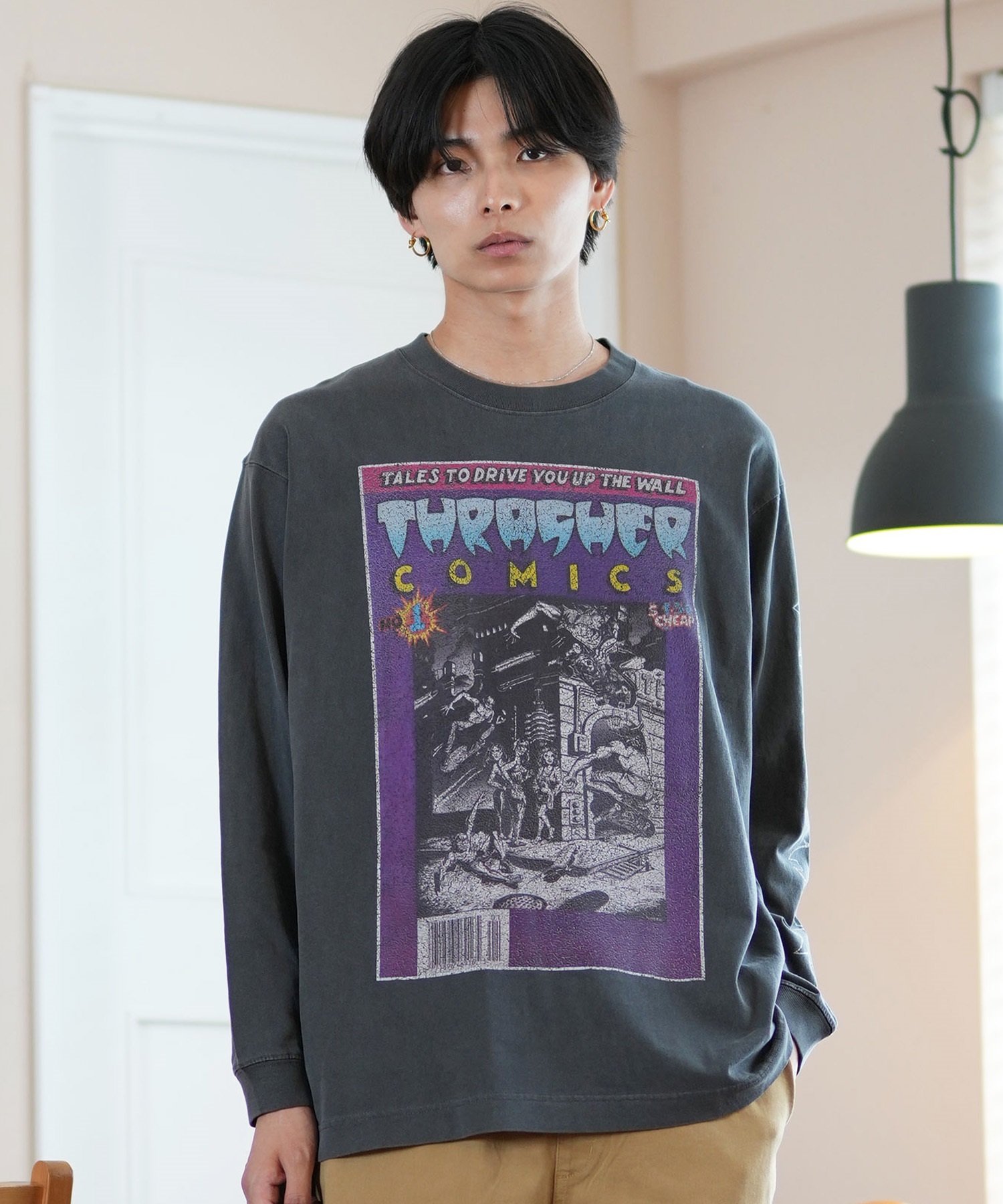 THRASHER スラッシャー 長袖 Tシャツ メンズ ロンT ピグメント加工 ビッグシルエット 243TH1LT013 ムラサキスポーツ限定(WHT-M)