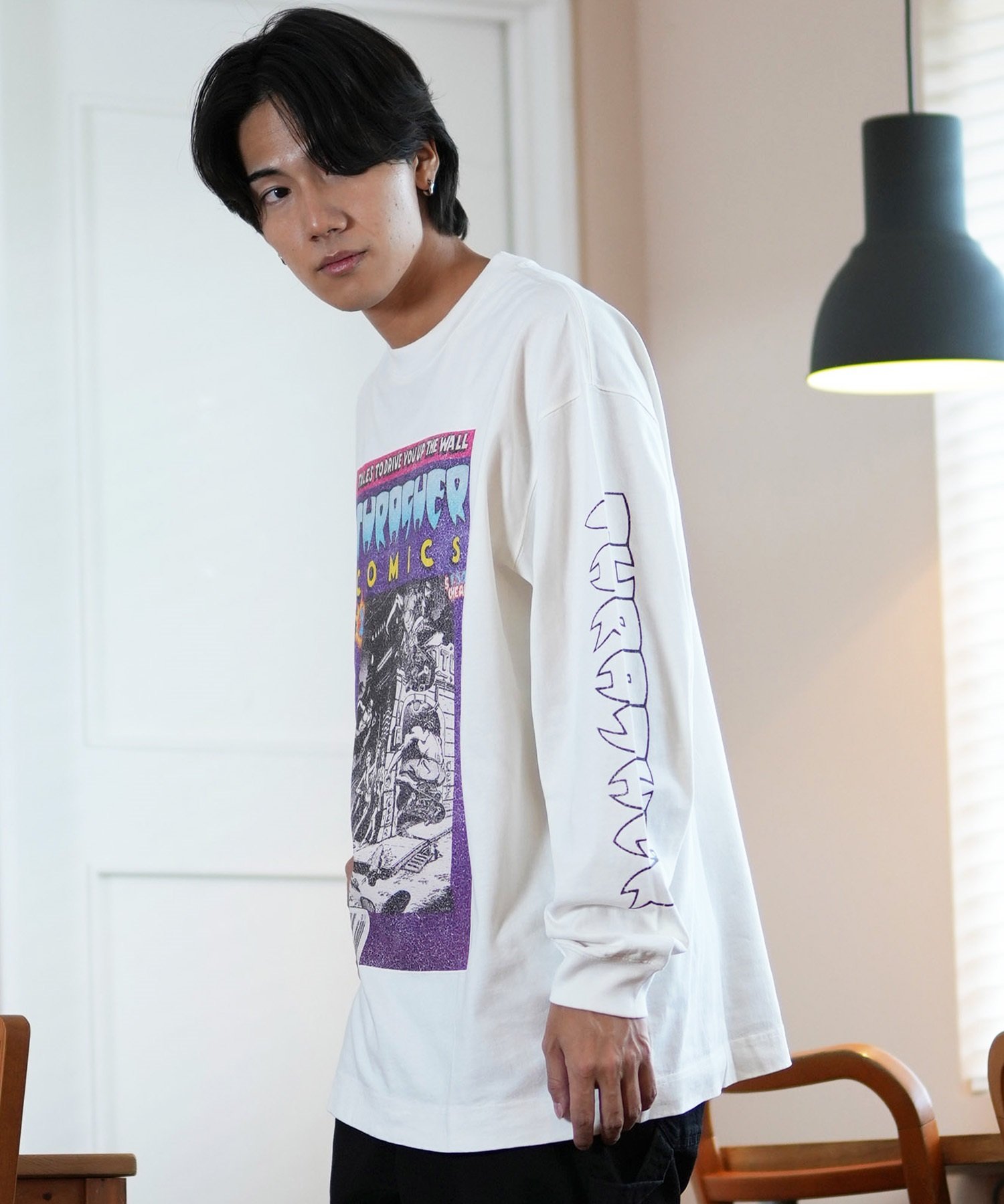 THRASHER スラッシャー 長袖 Tシャツ メンズ ロンT ピグメント加工 ビッグシルエット 243TH1LT013 ムラサキスポーツ限定(WHT-M)