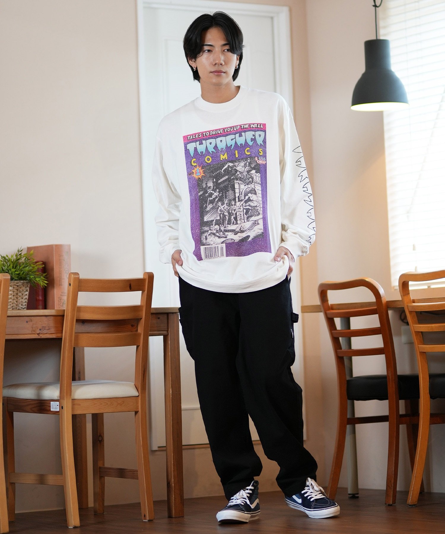 THRASHER スラッシャー 長袖 Tシャツ メンズ ロンT ピグメント加工 ビッグシルエット 243TH1LT013 ムラサキスポーツ限定(WHT-M)