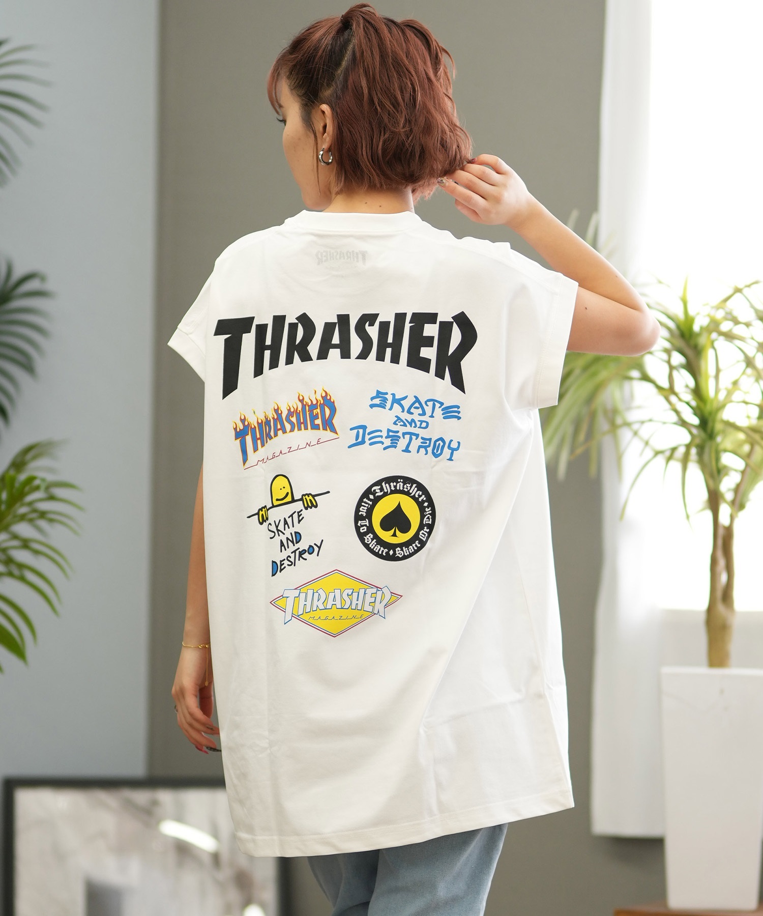 THRASHER スラッシャー ラッシュガード レディース 半袖 Tシャツ バックプリント 水陸両用 UVカット 242TH2TN001 ムラサキスポーツ限定(WHT-FREE)