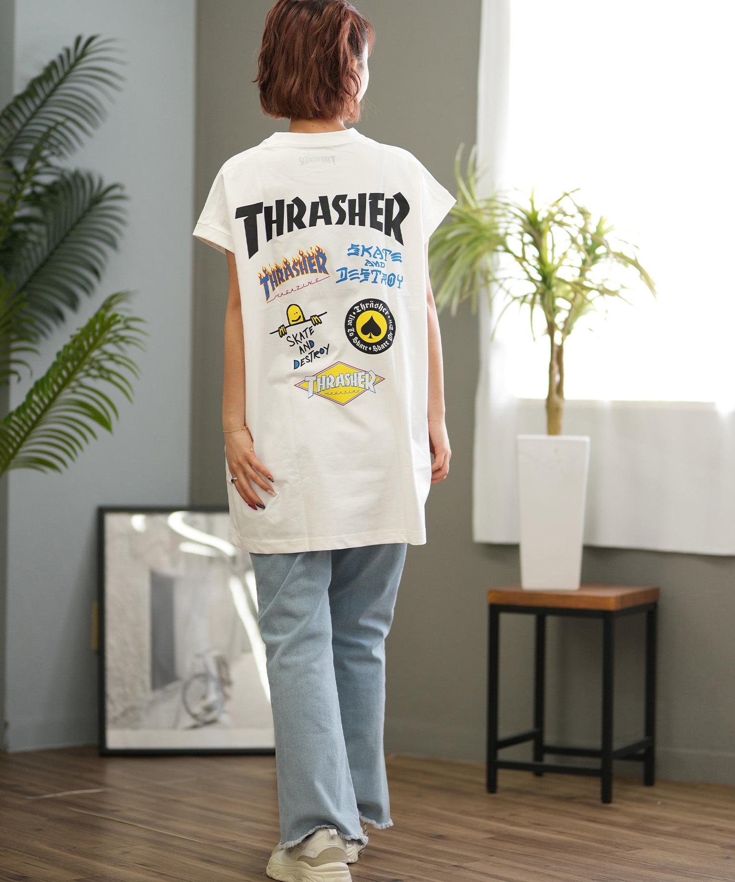 THRASHER スラッシャー ラッシュガード レディース 半袖 Tシャツ バックプリント 水陸両用 UVカット 242TH2TN001 ムラサキスポーツ限定(WHT-FREE)