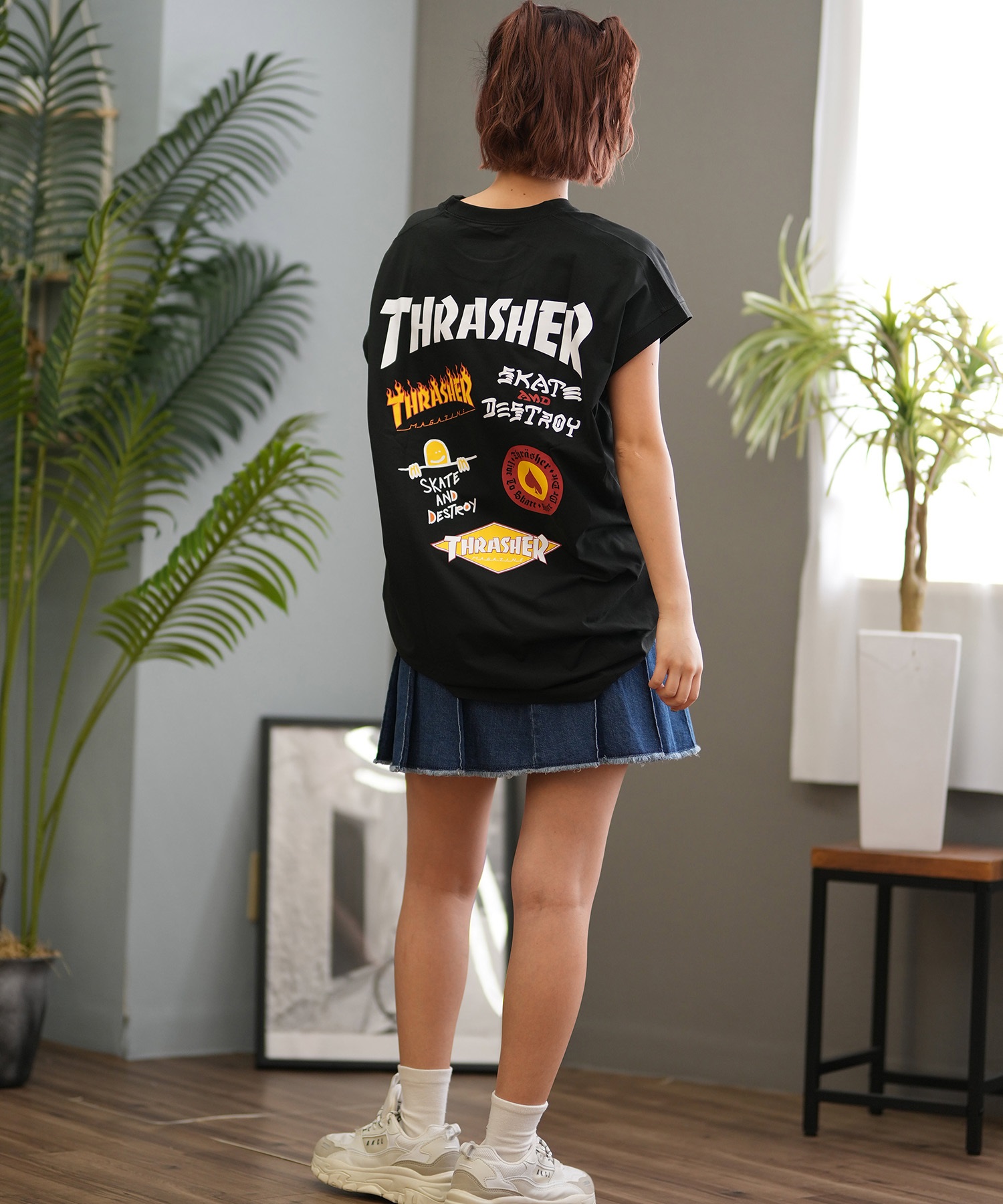 THRASHER スラッシャー ラッシュガード レディース 半袖 Tシャツ バックプリント 水陸両用 UVカット 242TH2TN001 ムラサキスポーツ限定(WHT-FREE)