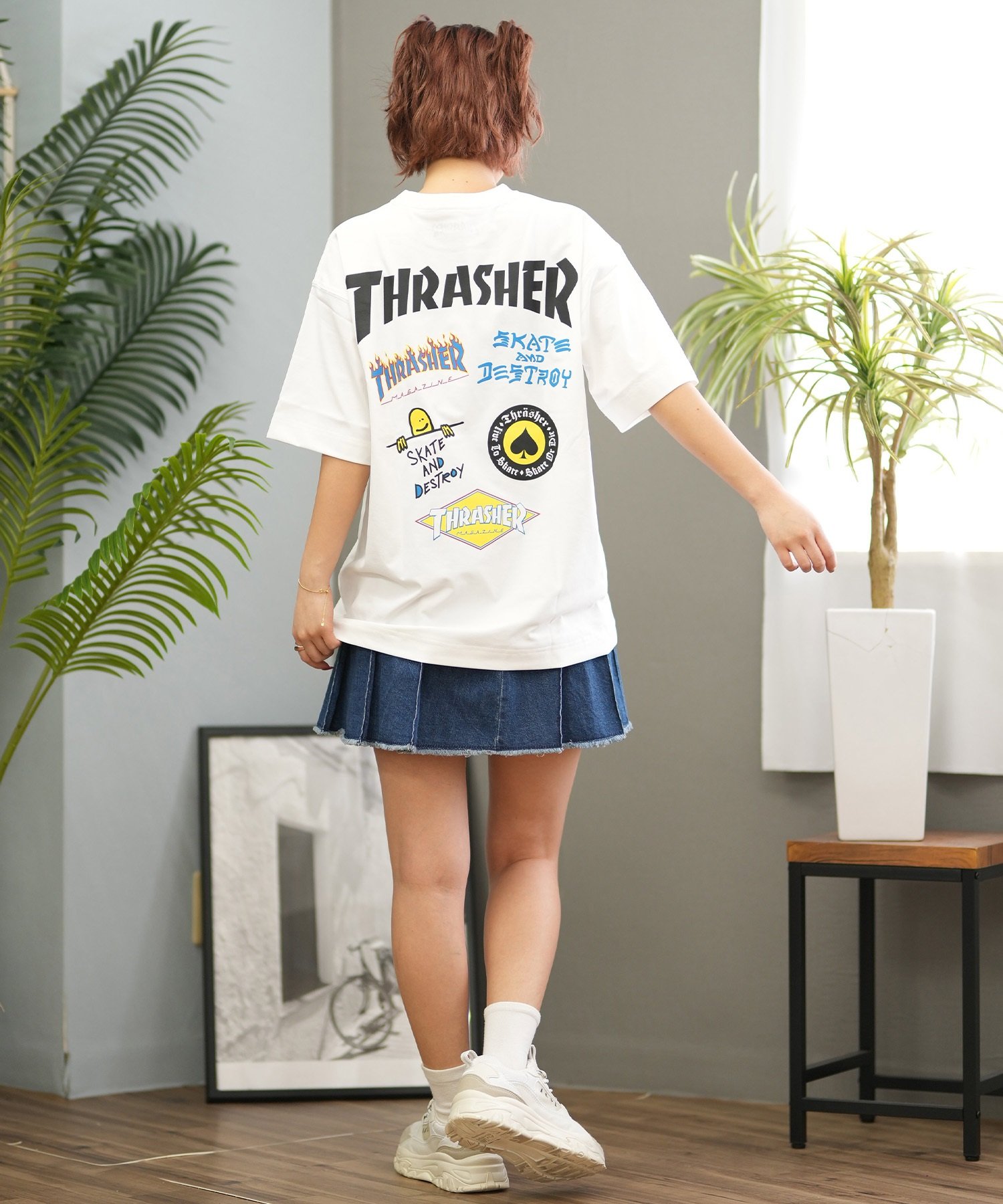 THRASHER スラッシャー ラッシュガード レディース 半袖 Tシャツ バックプリント 水陸両用 UVカット 242TH2ST001 ムラサキスポーツ限定(WHT-M)