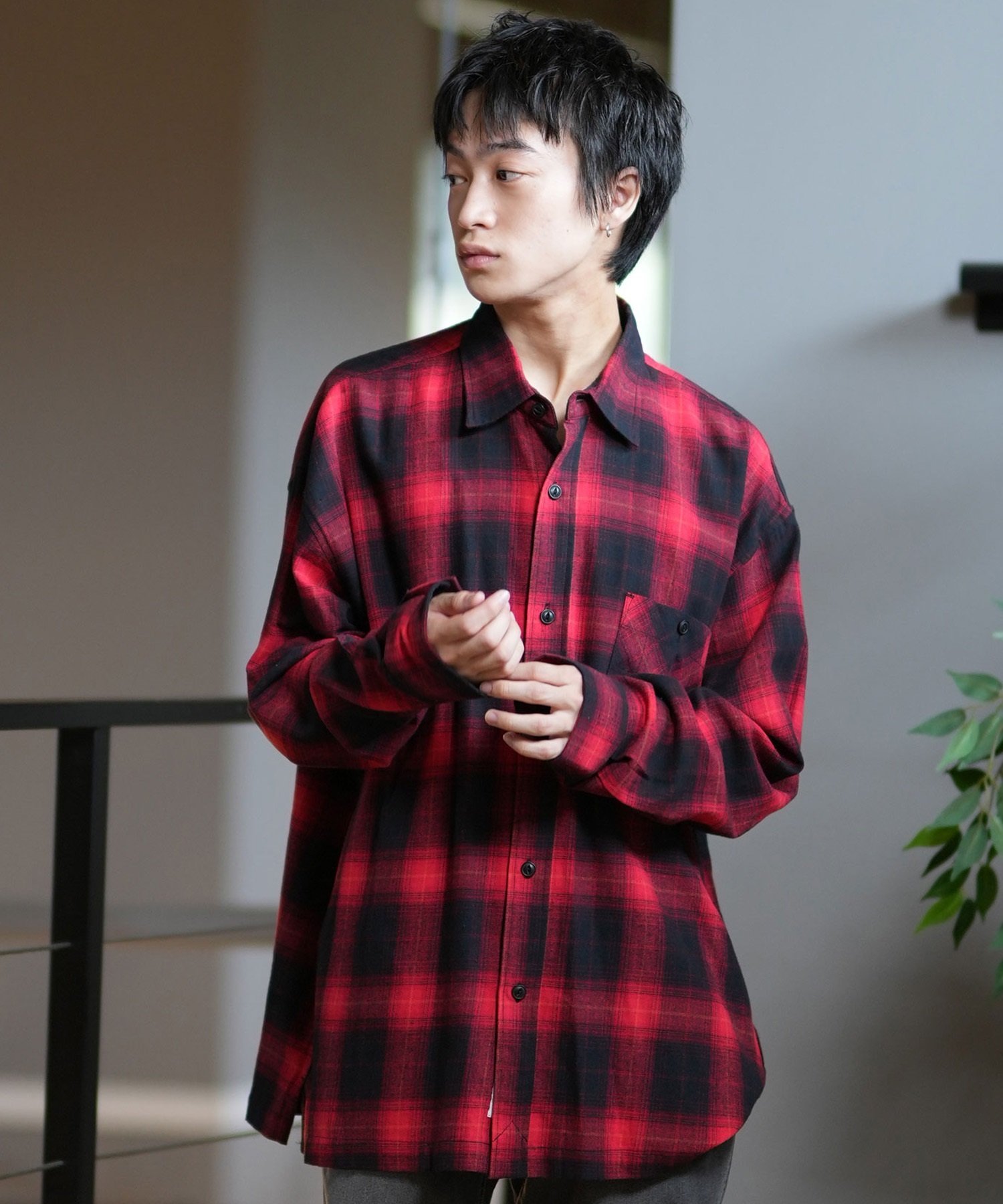 DEAR LAUREL ディアローレル 長袖シャツ メンズ チェック ネルシャツ D24F2401(BLK-M)