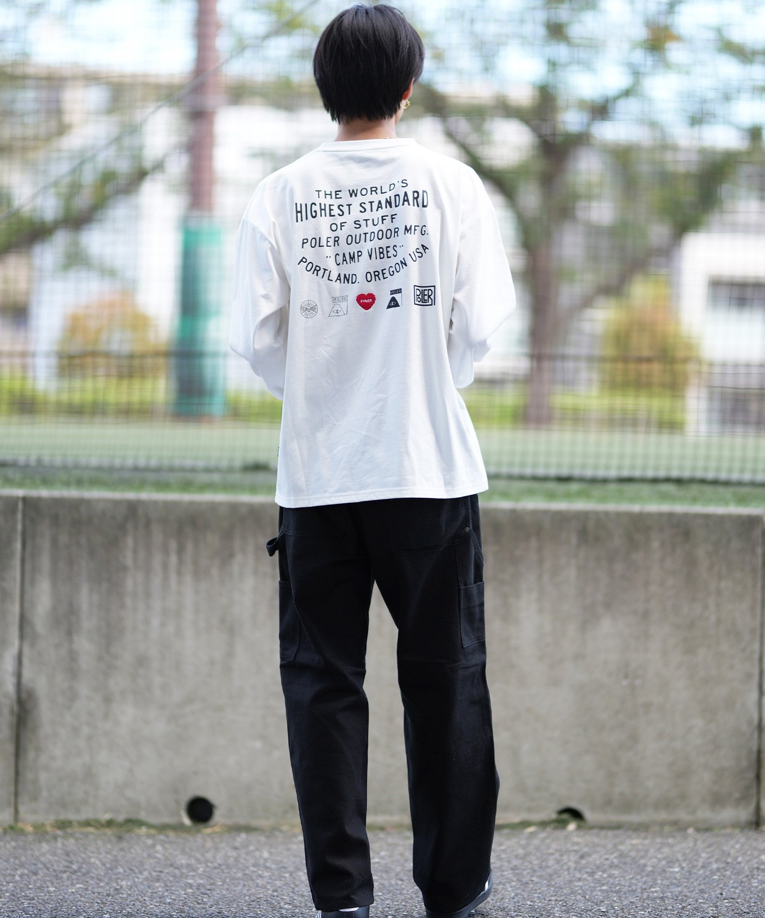 POLER ポーラー 長袖 Tシャツ メンズ ロンT 刺繍ロゴ ビッグシルエット バックプリント 吸汗速乾 249MCV0049 ムラサキスポーツ限定(WHITE-M)