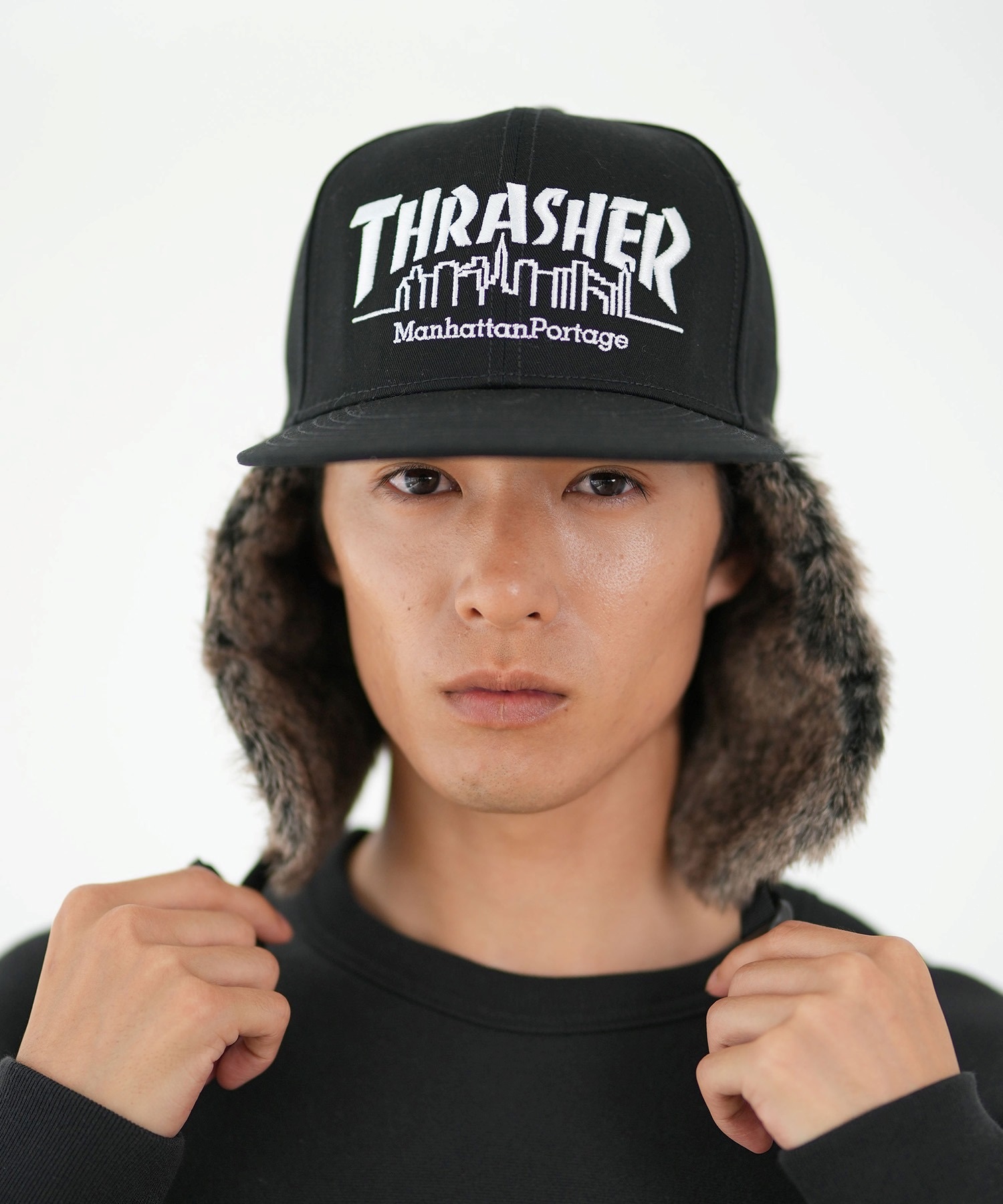 Manhattan Portage マンハッタンポーテージ × THRASHER スラッシャー コラボ キャップ 帽子 ドッグイヤー イヤーフラップ Ear Flap Cap MP264(BK/BK-FREE)