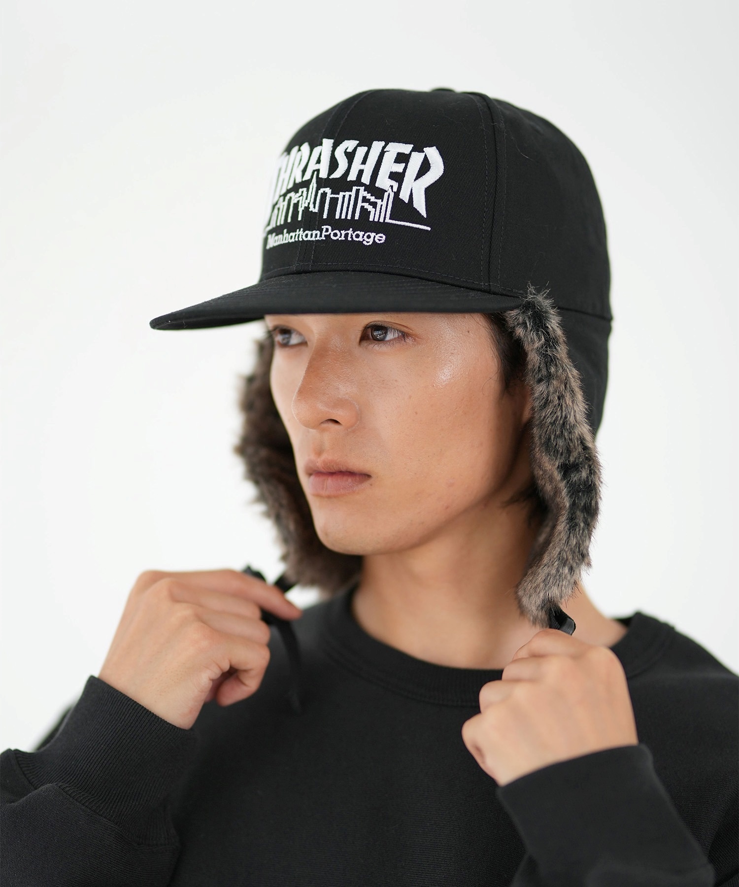 Manhattan Portage マンハッタンポーテージ × THRASHER スラッシャー コラボ キャップ 帽子 ドッグイヤー イヤーフラップ Ear Flap Cap MP264(BK/BK-FREE)